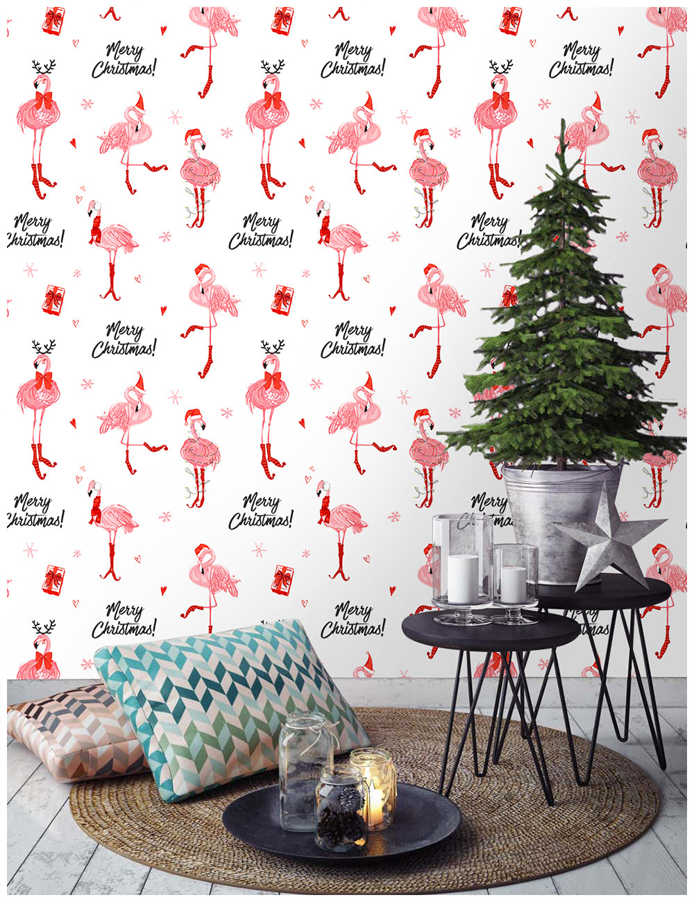 HaokHome Christmas Flamingo Wallpaper Elegant and Festive Holiday Design