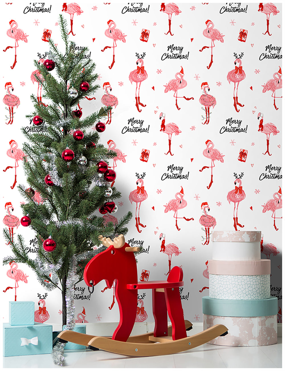 HaokHome Christmas Flamingo Wallpaper Elegant and Festive Holiday Design