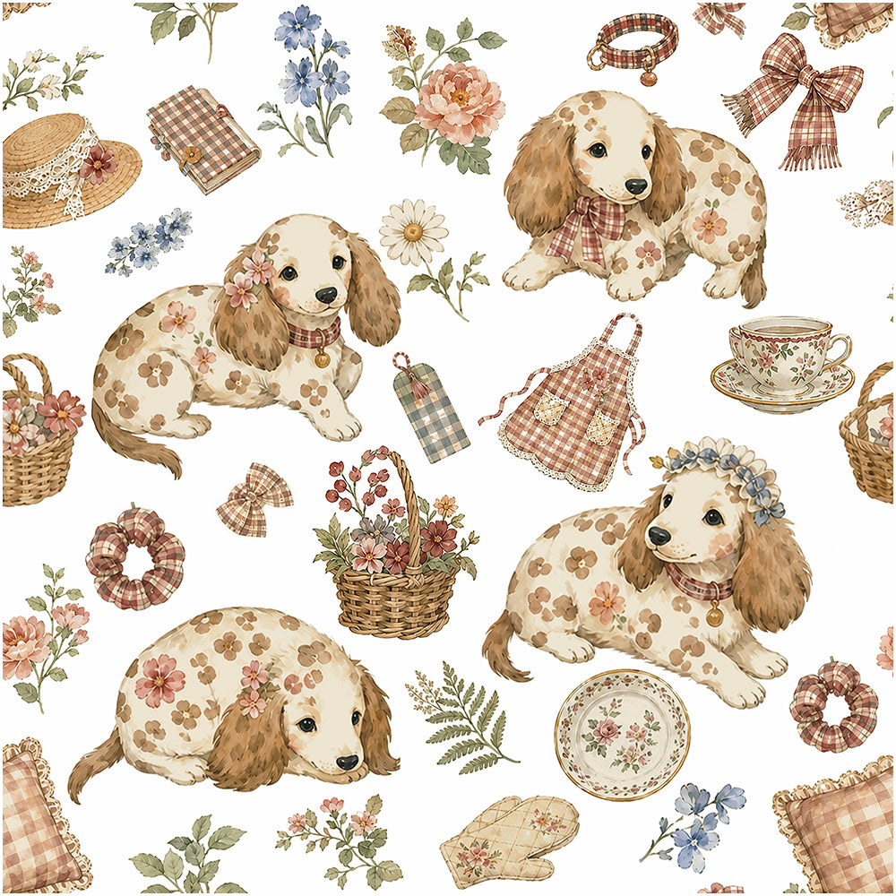 HaokHome Cottagecore Puppy Tea Party Peel and Stick Wallpaper