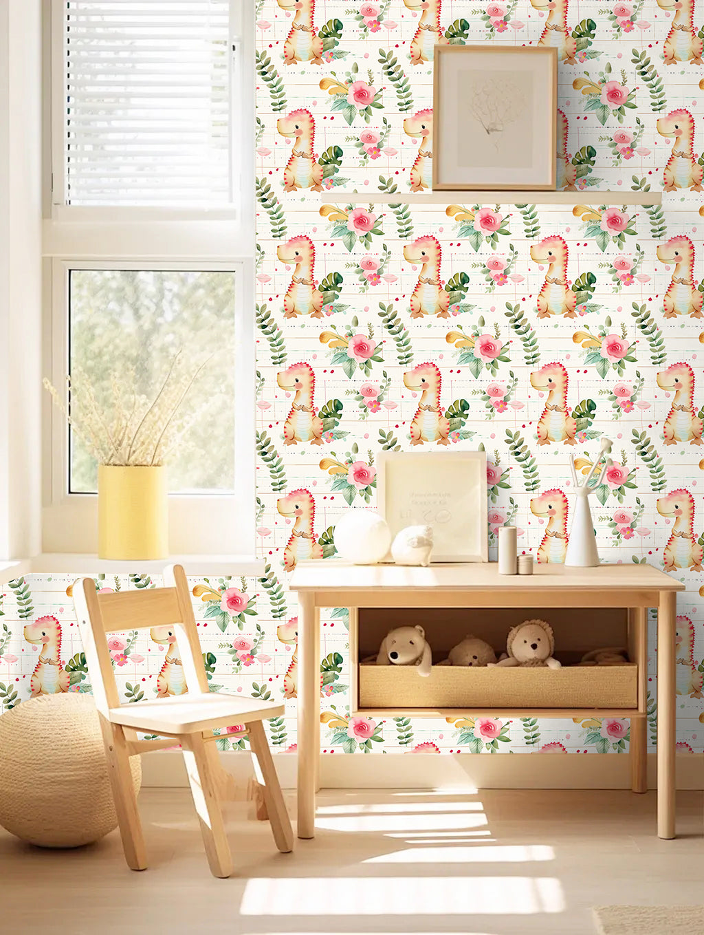 HaokHome Cute Dinosaur Peel and Stick Wallpaper Floral Kids Room Removable Wall Decor