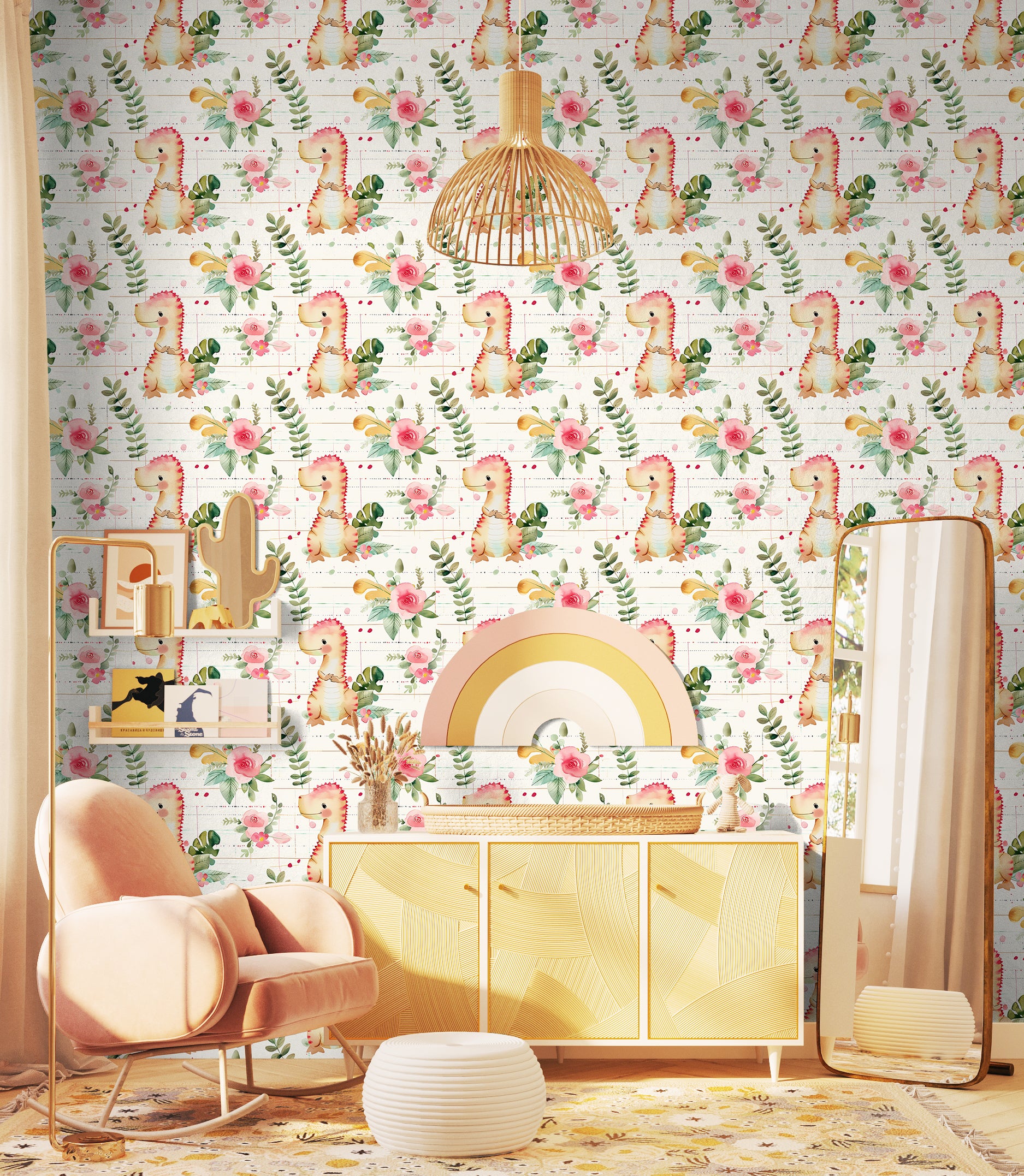 HaokHome Cute Dinosaur Peel and Stick Wallpaper Floral Kids Room Removable Wall Decor