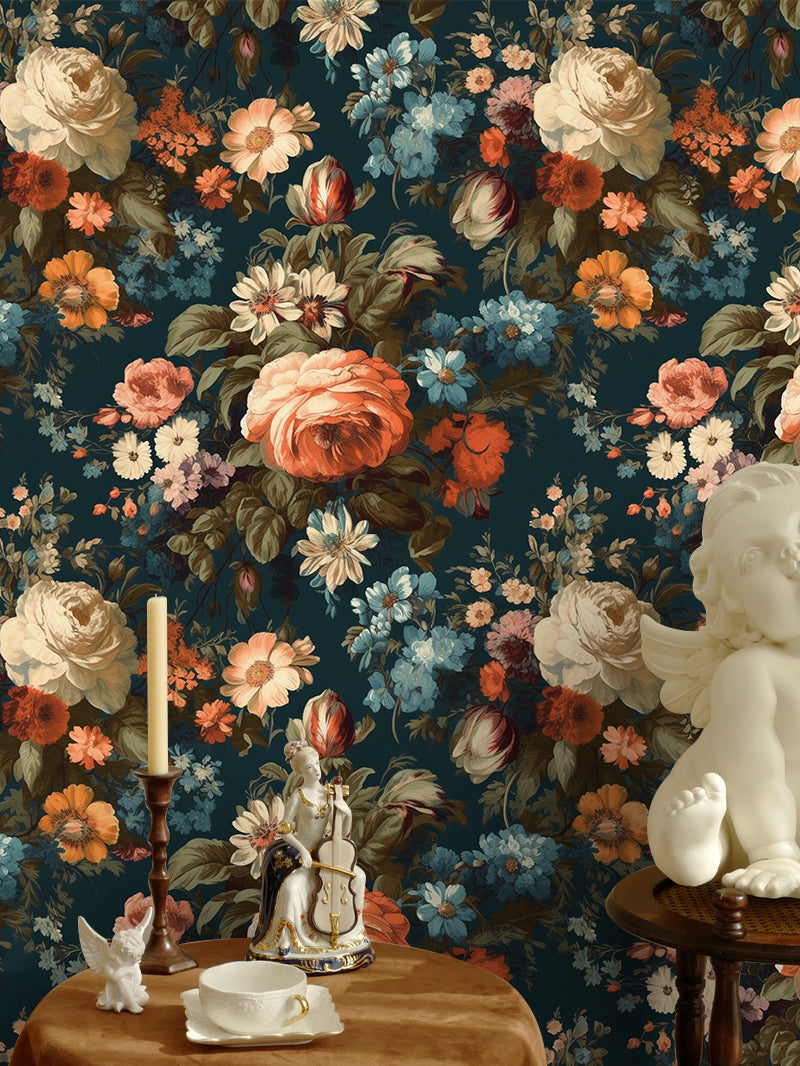 HaokHome Dark Botanical Vintage Floral Wallpaper - Orange Roses, Blue Daisies & White Peonies on Deep Teal Background