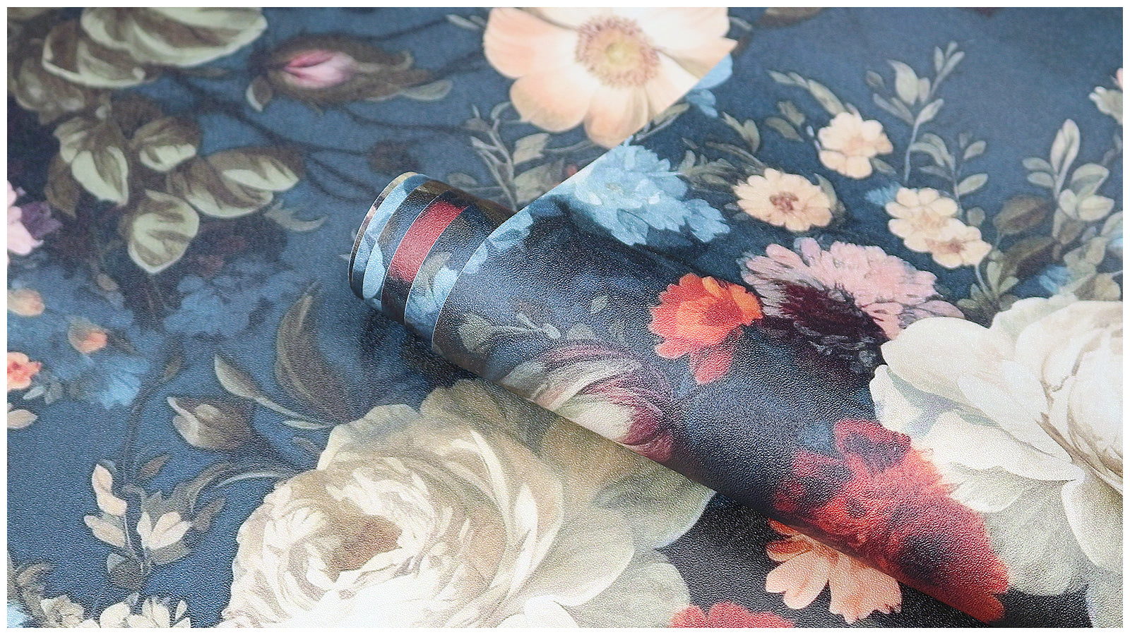 HaokHome Dark Botanical Vintage Floral Wallpaper - Orange Roses, Blue Daisies & White Peonies on Deep Teal Background