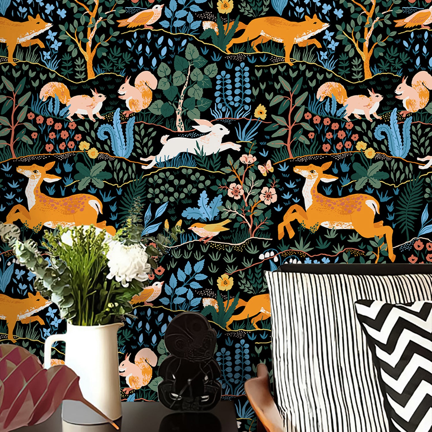 HaokHome Dark Forest Wallpaper with Deer, Fox, Rabbit, Squirrel, Birds and Botanical Motifs – Hand-Drawn Nature Mural on Black Background