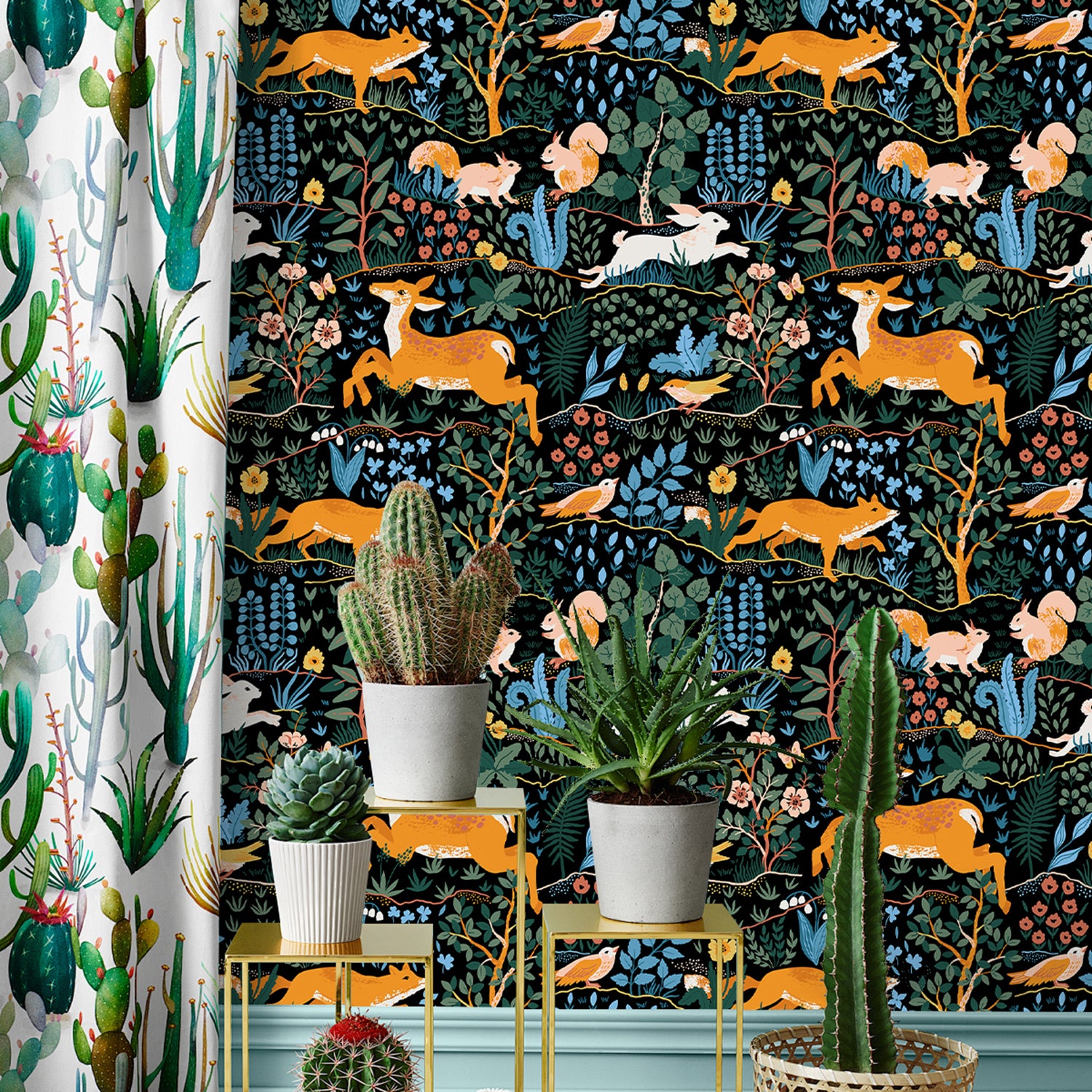 HaokHome Dark Forest Wallpaper with Deer, Fox, Rabbit, Squirrel, Birds and Botanical Motifs – Hand-Drawn Nature Mural on Black Background