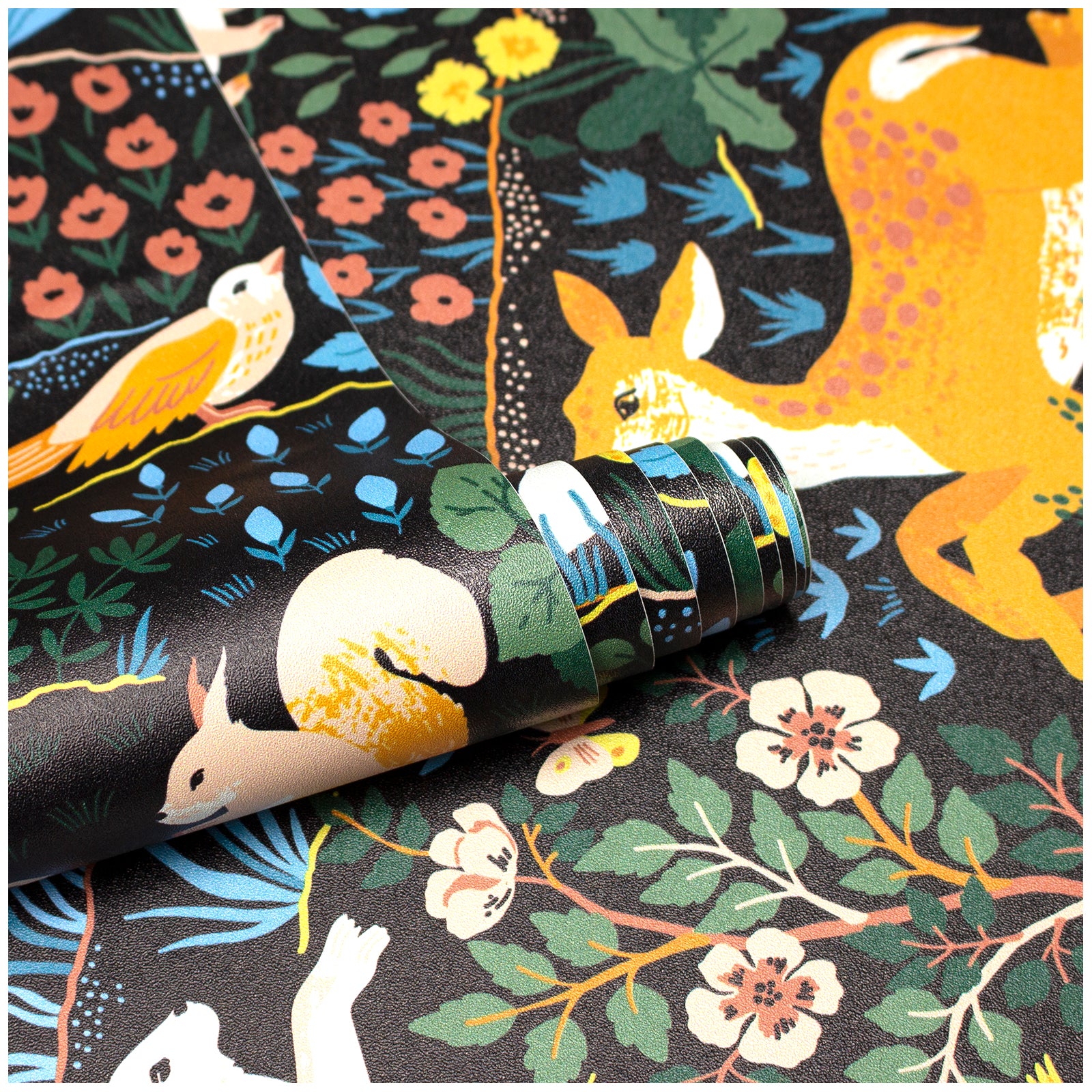 HaokHome Dark Forest Wallpaper with Deer, Fox, Rabbit, Squirrel, Birds and Botanical Motifs – Hand-Drawn Nature Mural on Black Background