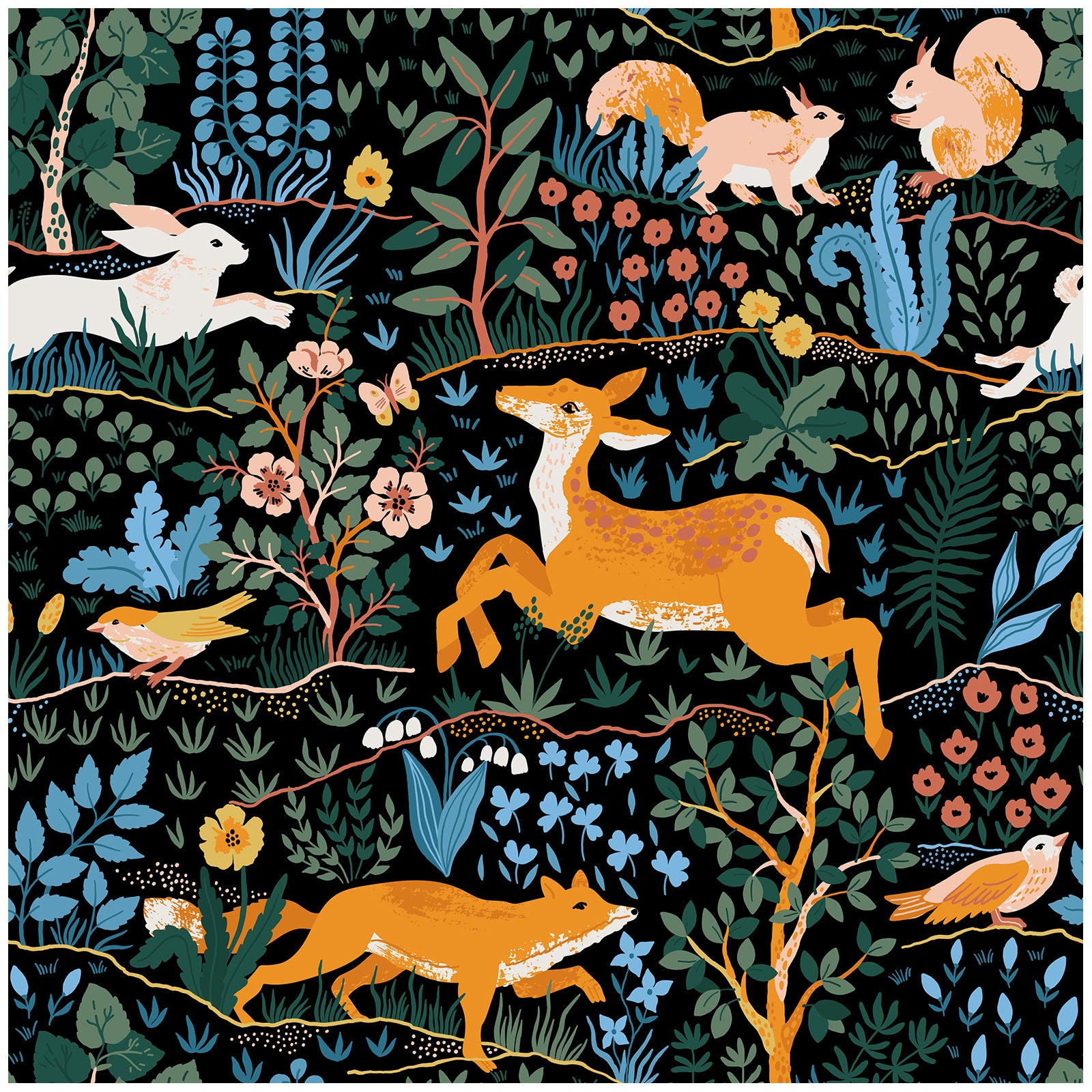 HaokHome Dark Forest Wallpaper with Deer, Fox, Rabbit, Squirrel, Birds and Botanical Motifs – Hand-Drawn Nature Mural on Black Background