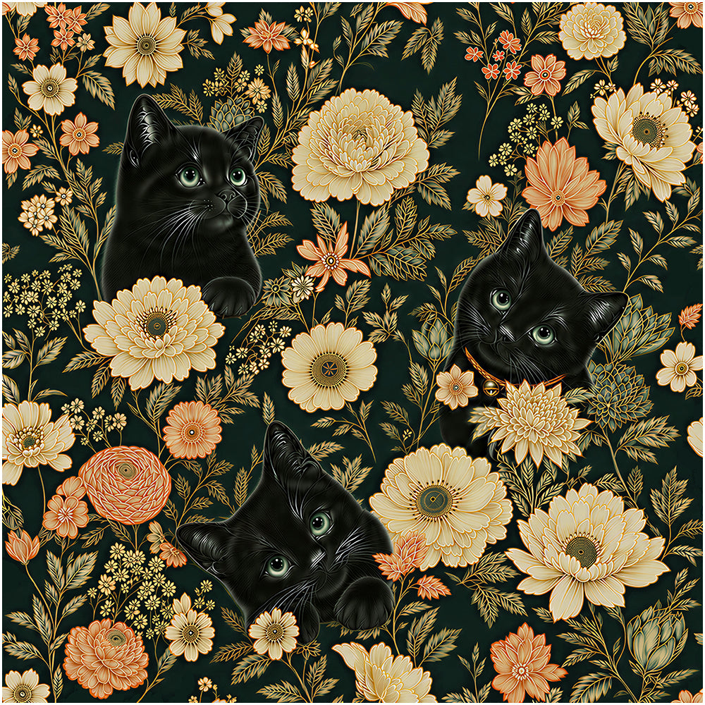 HaokHome Dark Green Black Cat Floral Wall Covering, Whimsical Vintage Botanical Removable Self-Adhesive Wallpaper for Bedroom Accent Wall