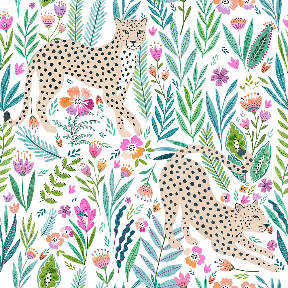 HaokHome Floral Peel and Stick Wallpaper Colorful Tropical Cheetah Jungle, Boho Botanical Flat Illustration Removable Self Adhesive Vinyl Contact Paper for Living Room