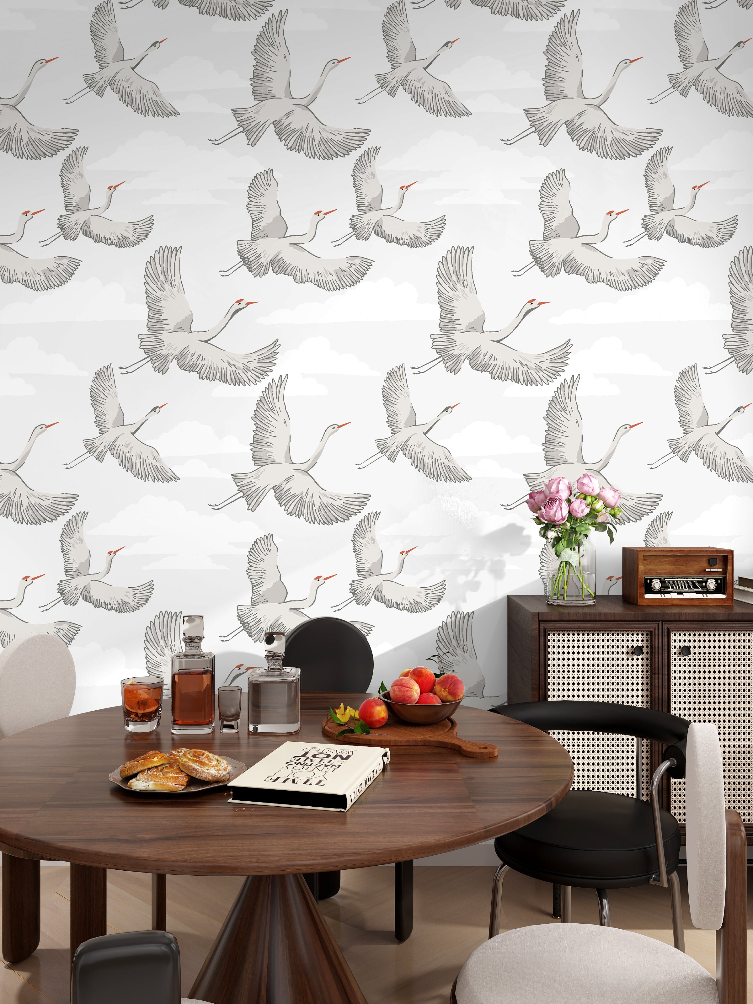 HaokHome Flying Crane Wallpaper with Clouds – Hand-Drawn White Herons on Light Gray Background for Home Office & Living Room