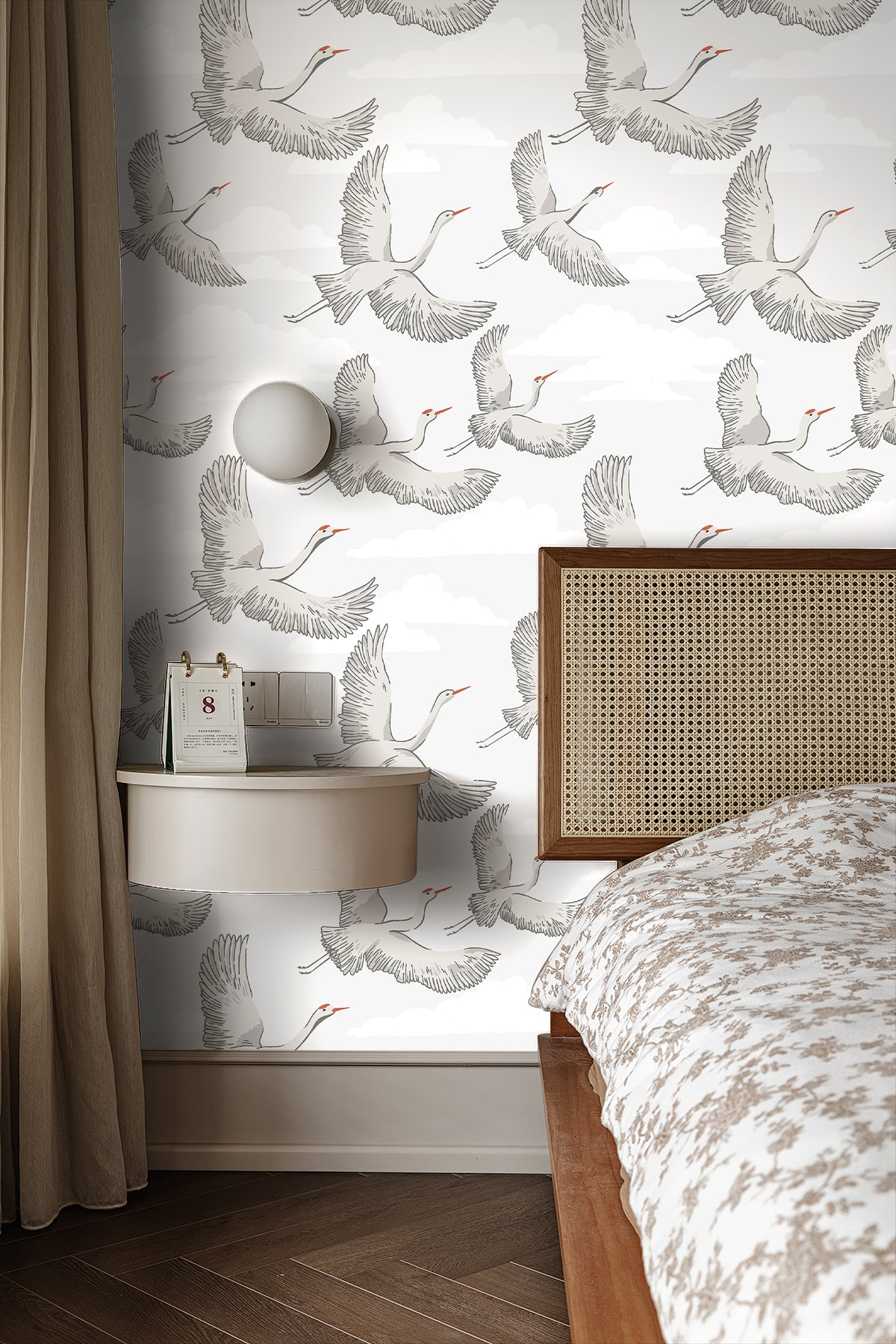 HaokHome Flying Crane Wallpaper with Clouds – Hand-Drawn White Herons on Light Gray Background for Home Office & Living Room