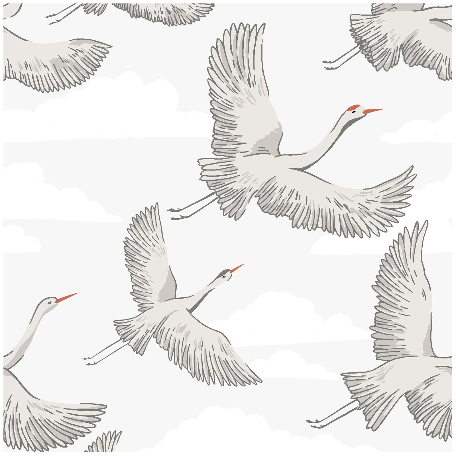 HaokHome Flying Crane Wallpaper with Clouds – Hand-Drawn White Herons on Light Gray Background for Home Office & Living Room