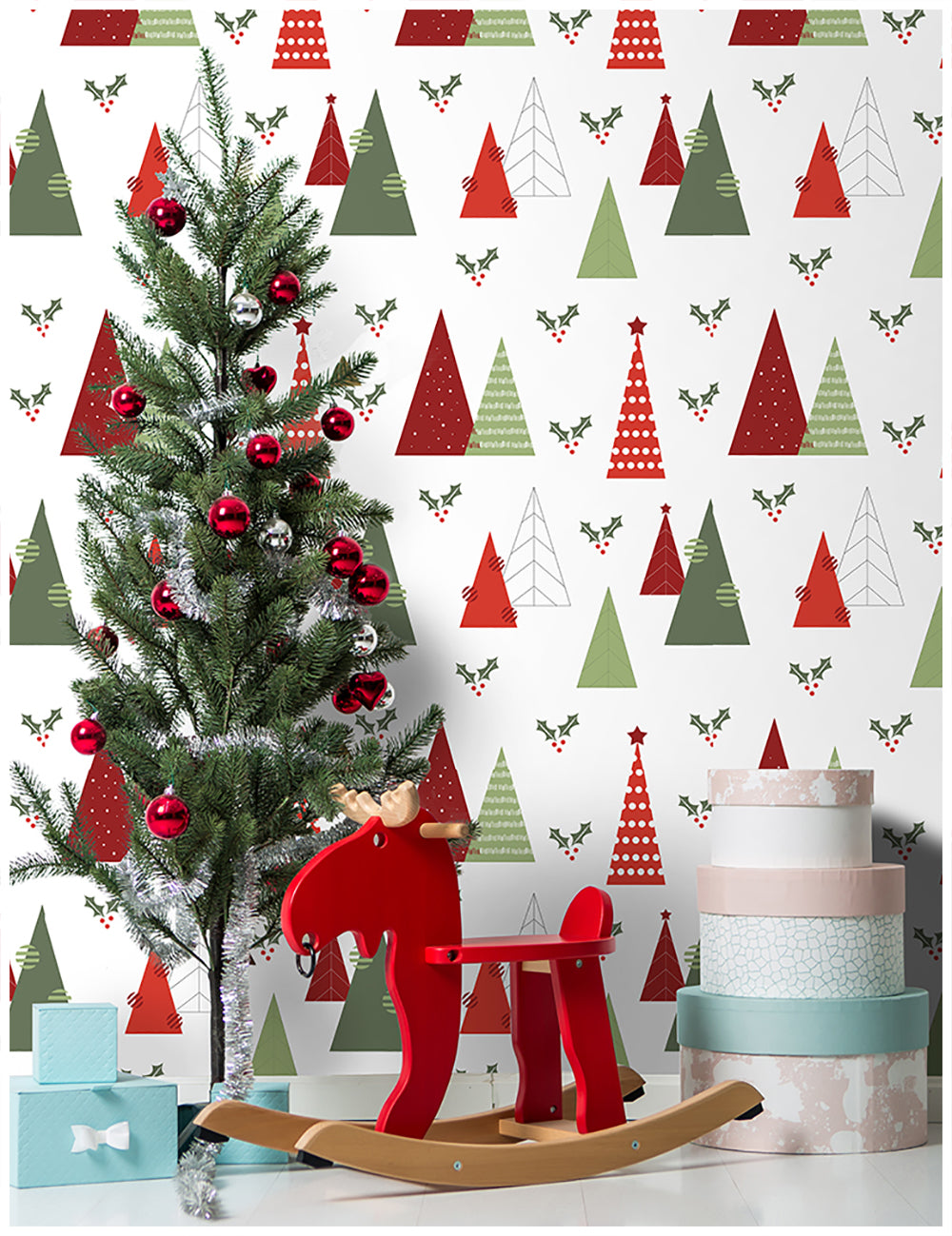 HaokHome Geometric Christmas Tree Wallpaper Modern Festive Design