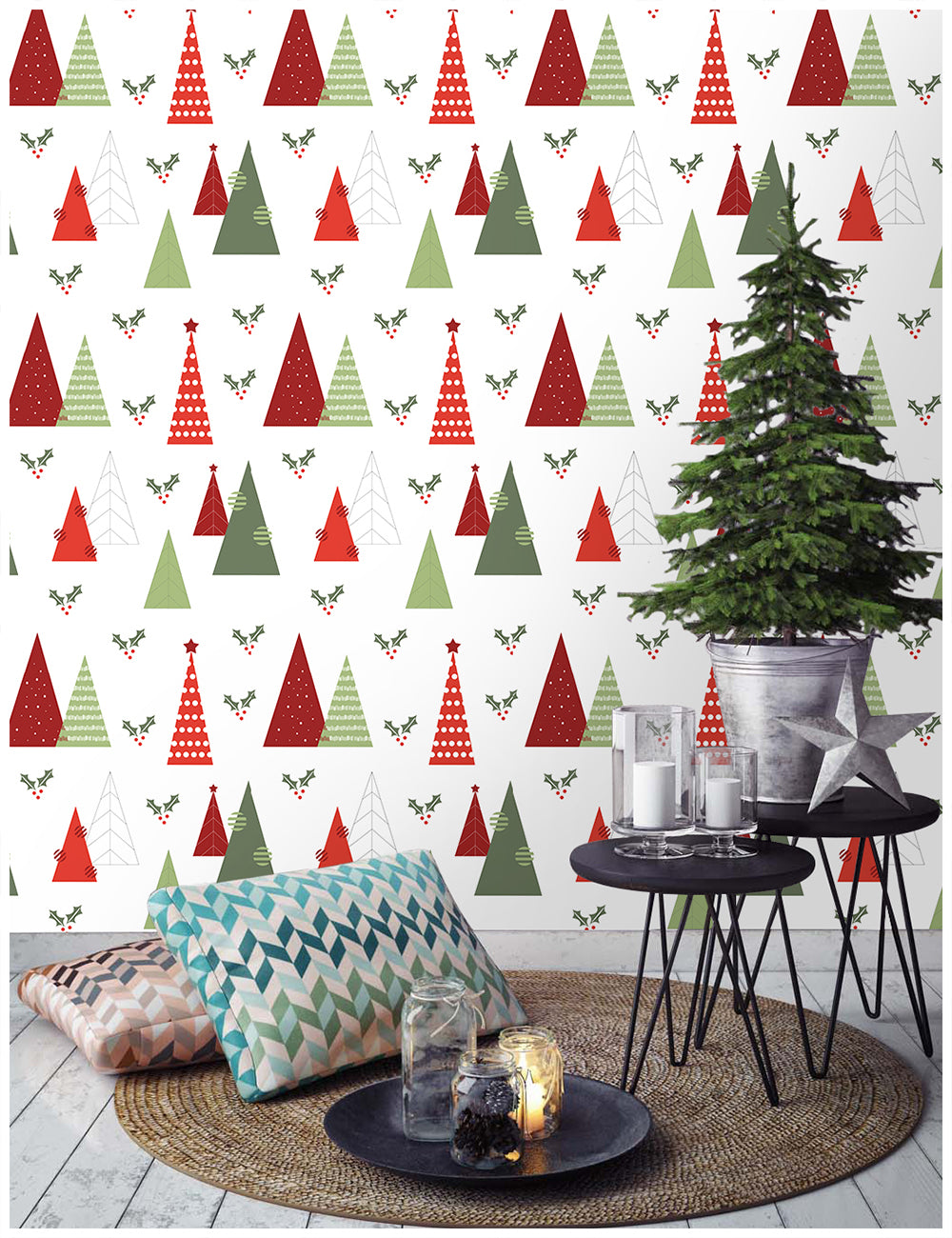 HaokHome Geometric Christmas Tree Wallpaper Modern Festive Design