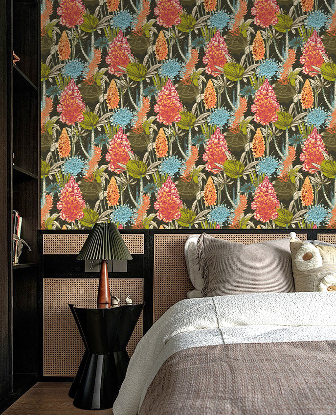 HaokHome Hand-Drawn Floral Wallpaper – Vibrant Tropical Flowers and Leaves on Dark Background for Living Room & Bedroom