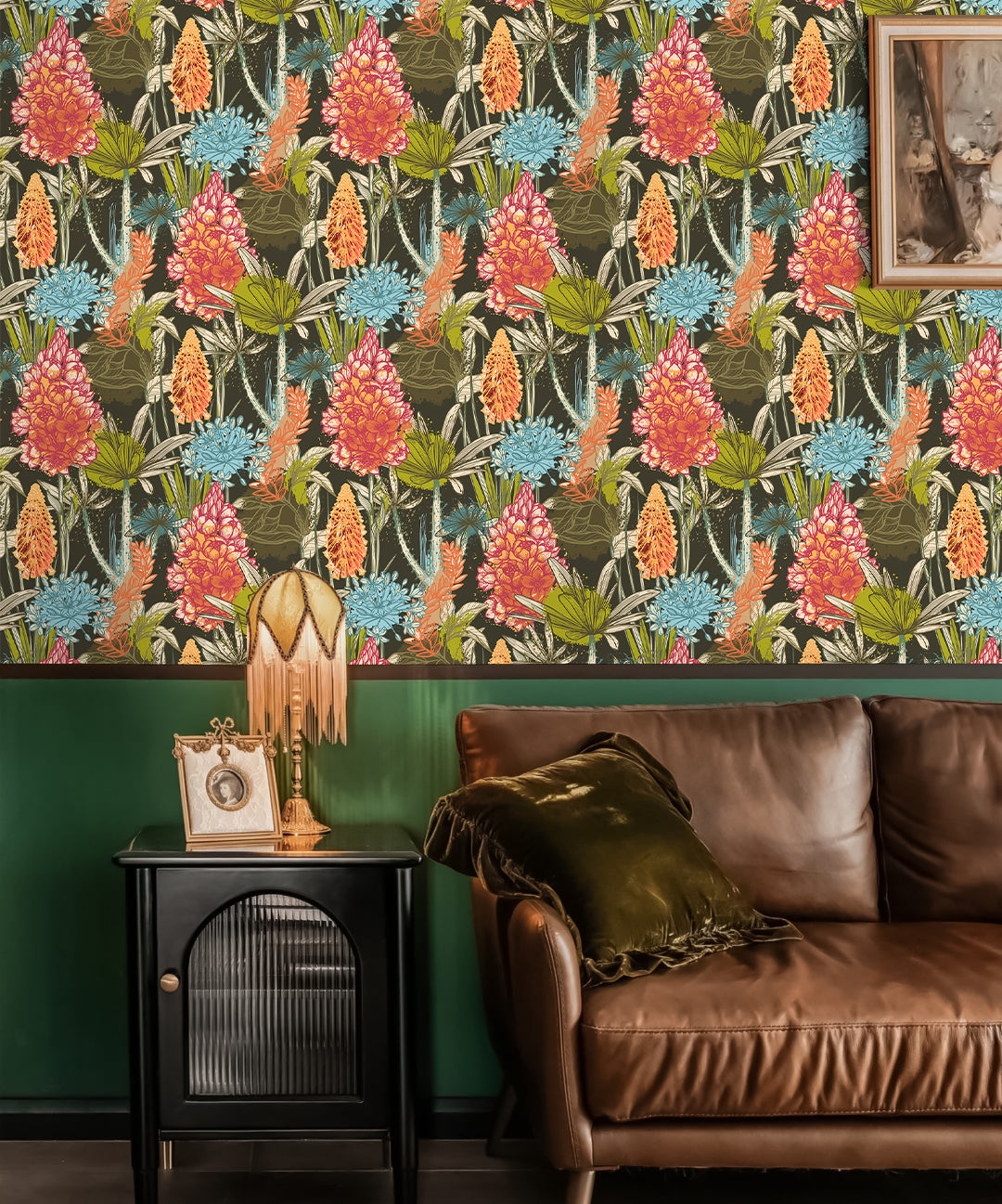 HaokHome Hand-Drawn Floral Wallpaper – Vibrant Tropical Flowers and Leaves on Dark Background for Living Room & Bedroom