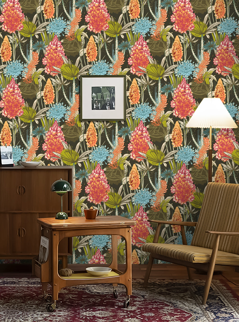HaokHome Hand-Drawn Floral Wallpaper – Vibrant Tropical Flowers and Leaves on Dark Background for Living Room & Bedroom