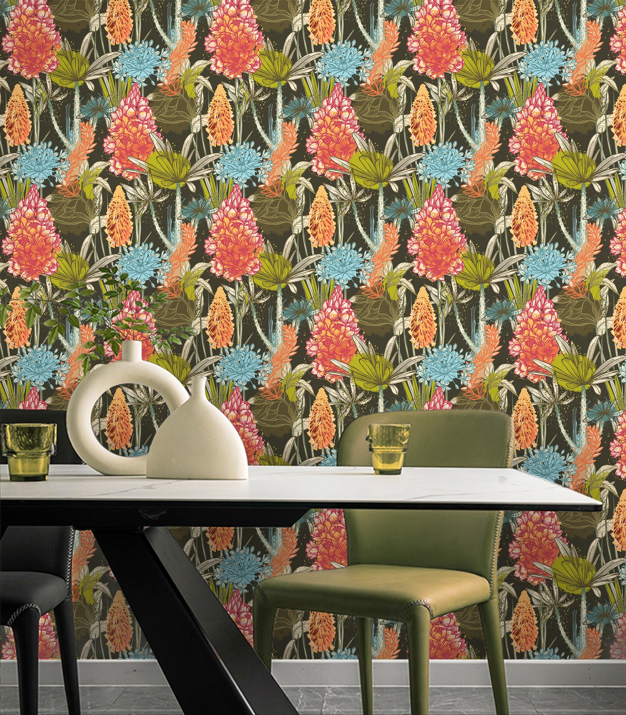 HaokHome Hand-Drawn Floral Wallpaper – Vibrant Tropical Flowers and Leaves on Dark Background for Living Room & Bedroom