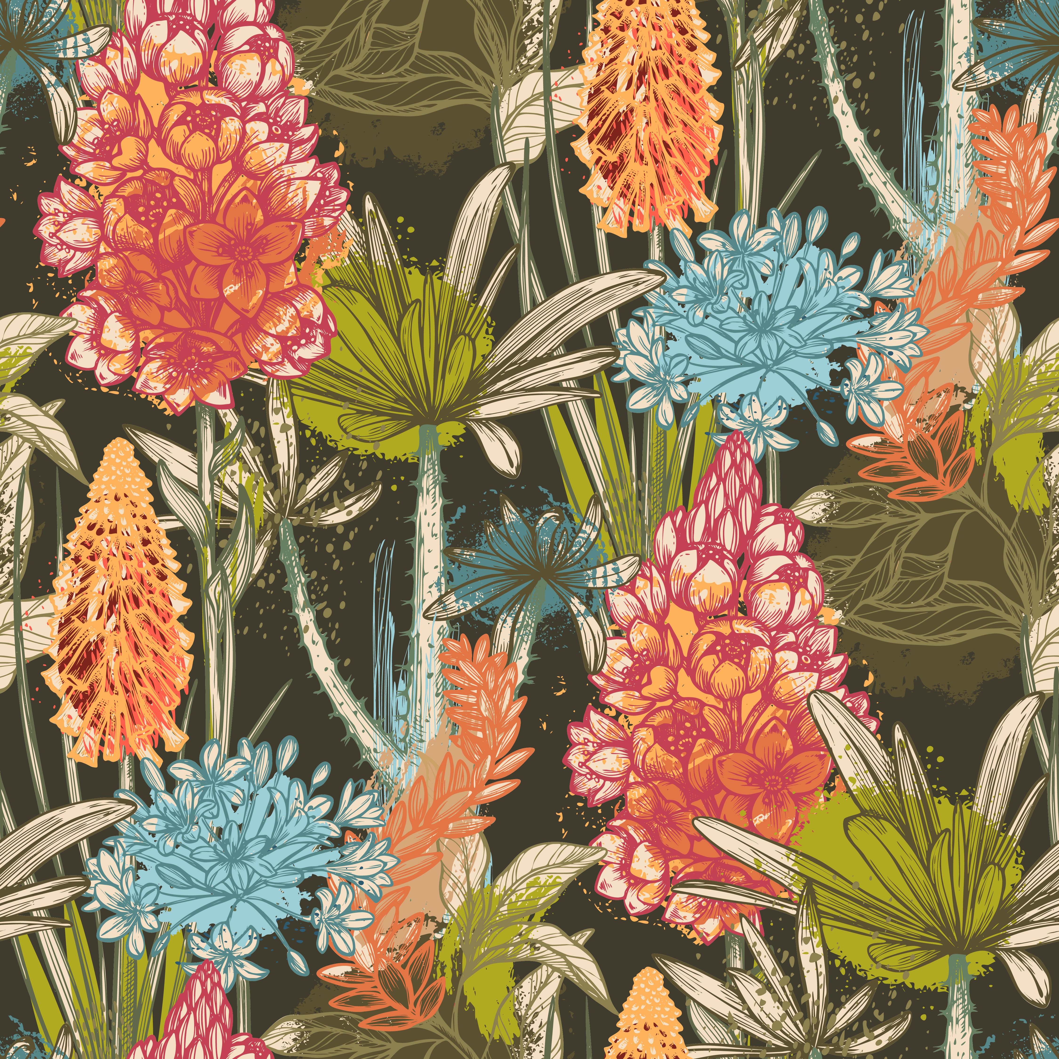 HaokHome Hand-Drawn Floral Wallpaper – Vibrant Tropical Flowers and Leaves on Dark Background for Living Room & Bedroom