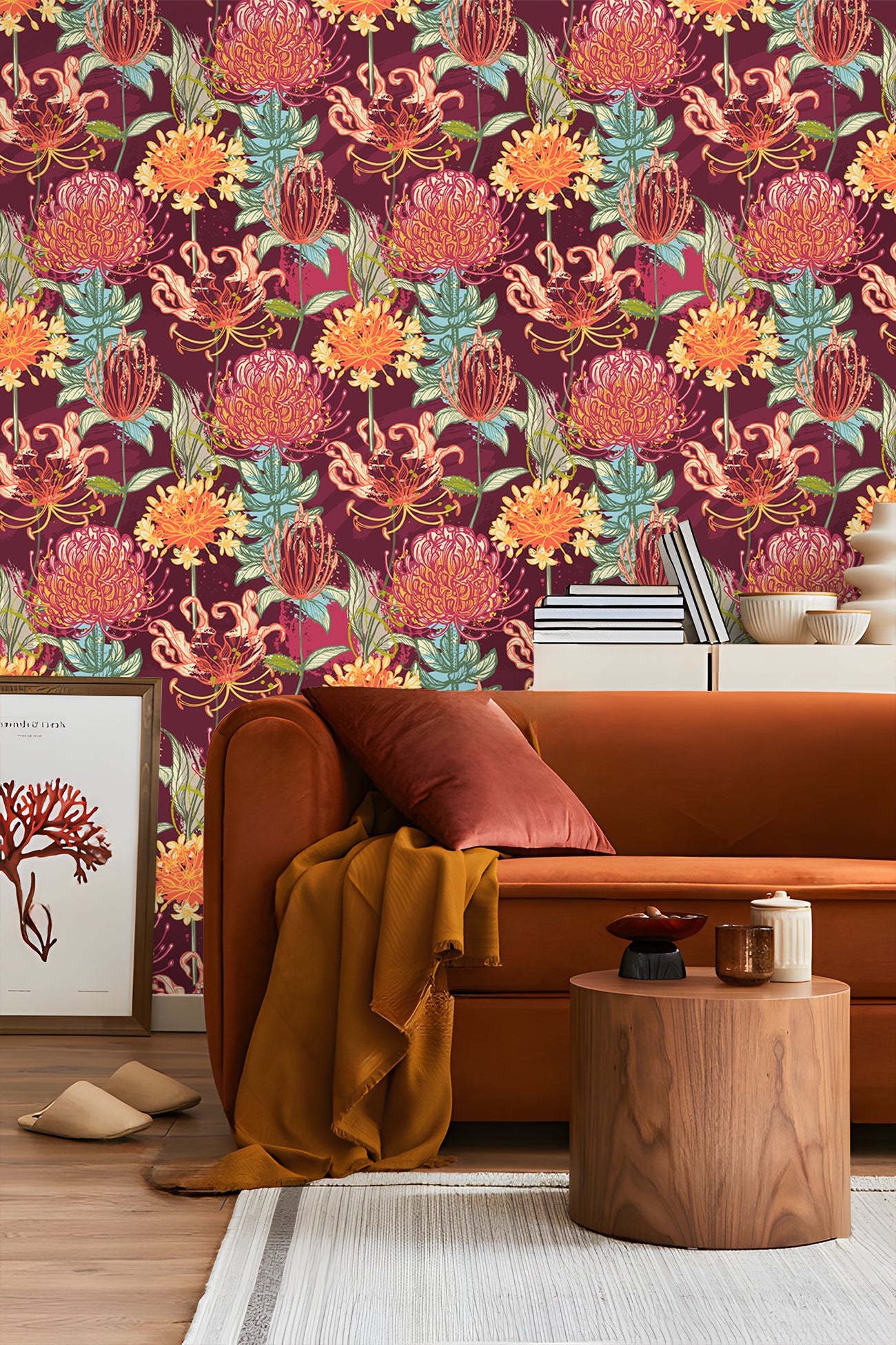 HaokHome Hand-Drawn Flower Wallpaper – Vibrant Protea, Lily, and Chrysanthemum Design on Deep Red Background