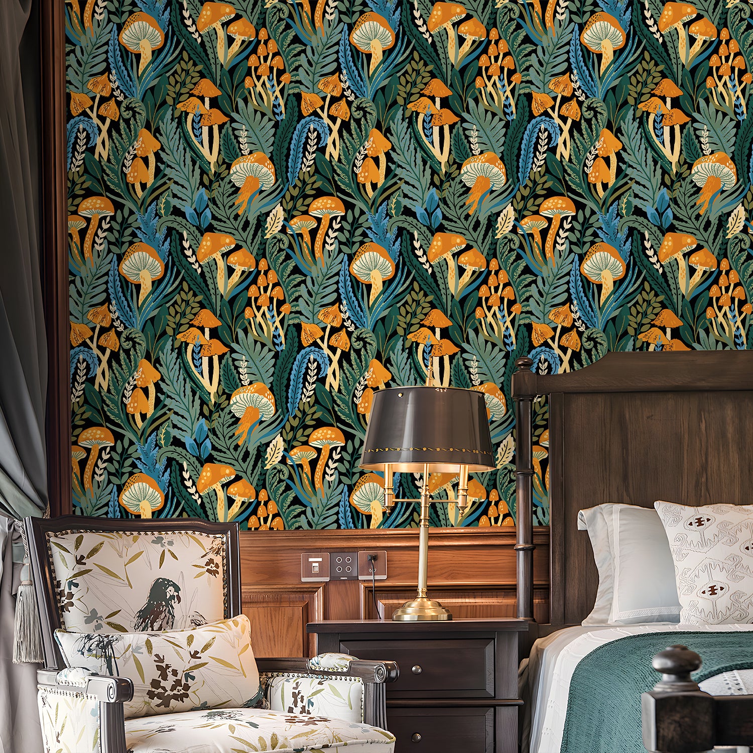 HaokHome Hand-Drawn Mushroom and Foliage Wallpaper – Black Background Nature Mural for Accent Walls & Modern Interiors