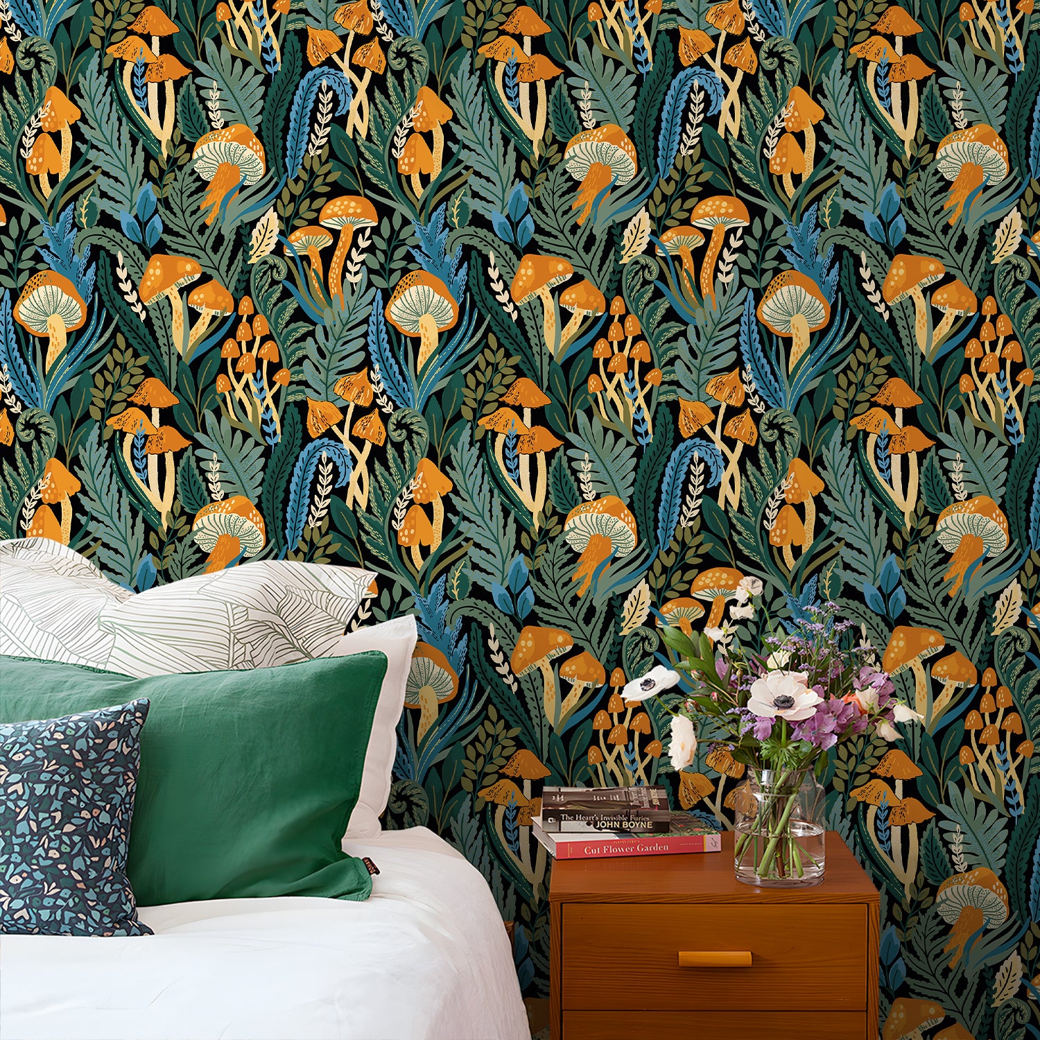 HaokHome Hand-Drawn Mushroom and Foliage Wallpaper – Black Background Nature Mural for Accent Walls & Modern Interiors