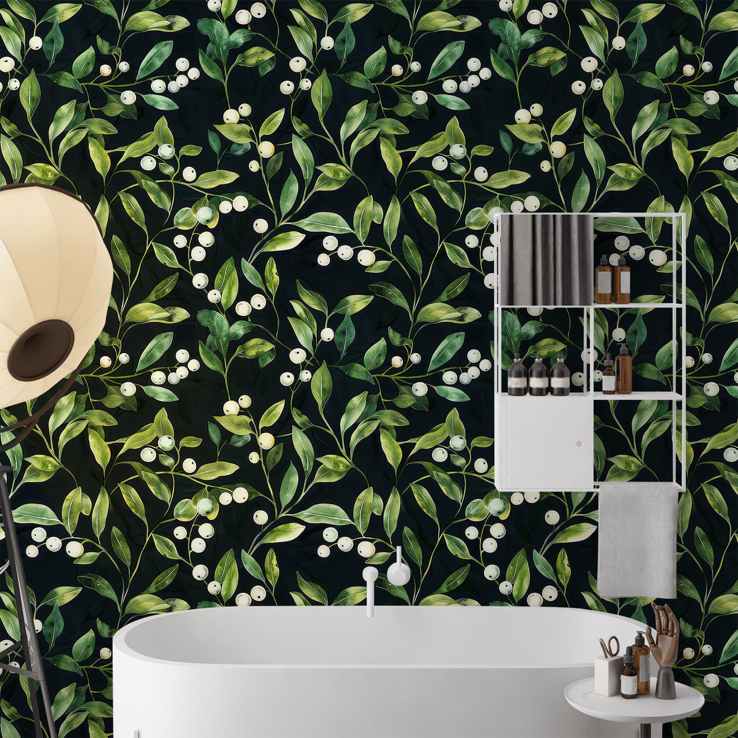 HaokHome Hand-Painted Botanical Wallpaper – Green Leaves and White Berries on Dark Background for Living Room & Bedroom