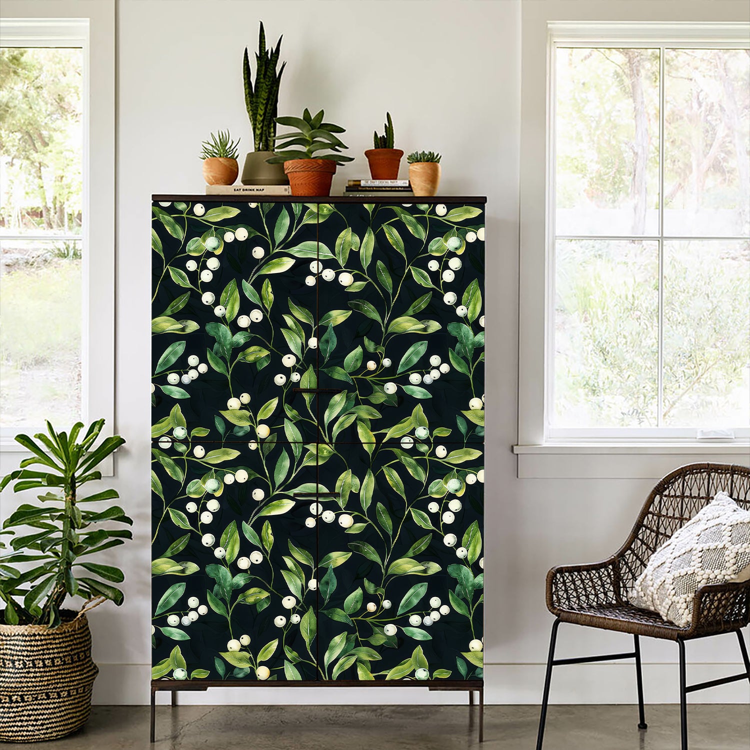 HaokHome Hand-Painted Botanical Wallpaper – Green Leaves and White Berries on Dark Background for Living Room & Bedroom