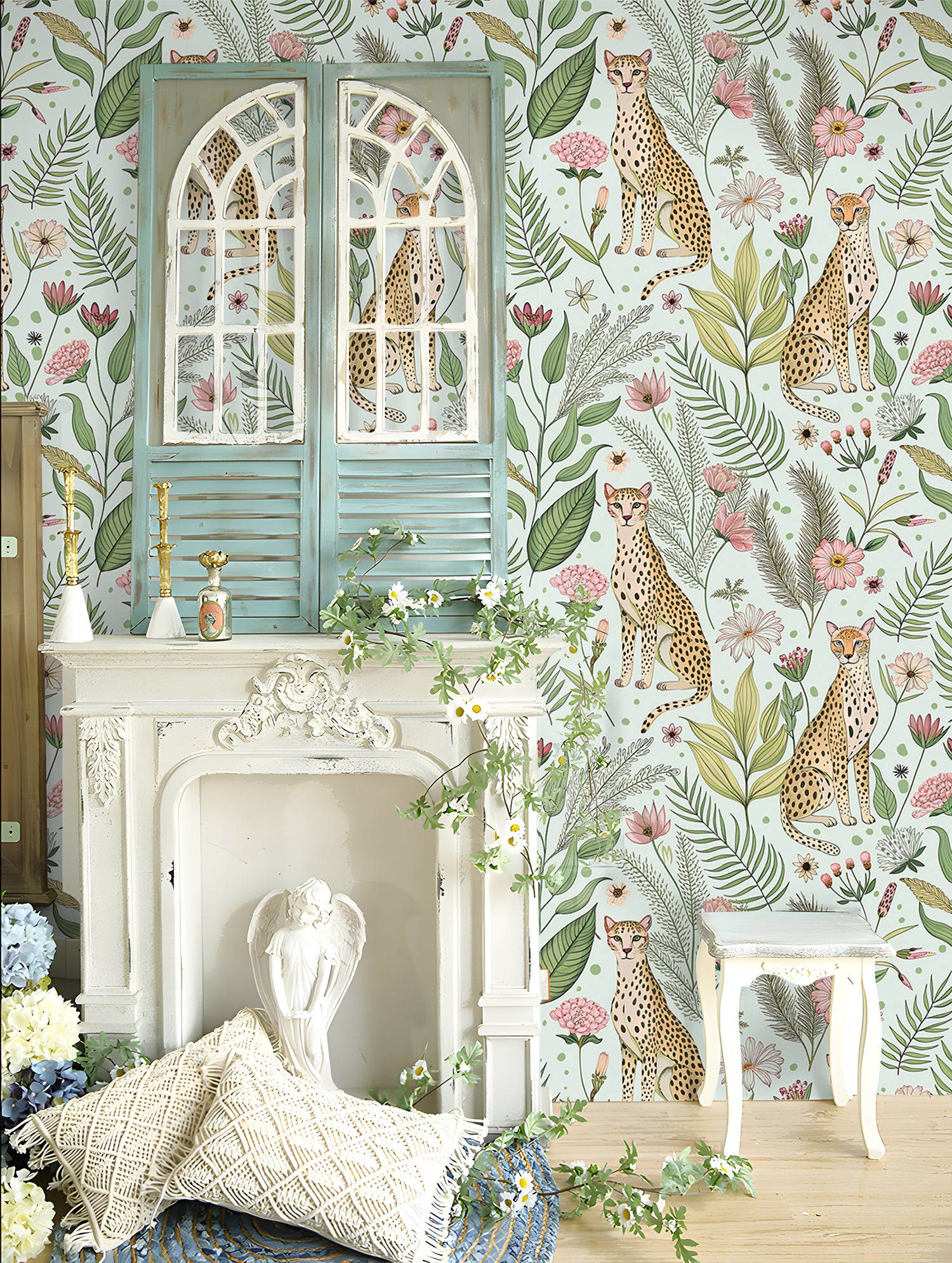 HaokHome HaokHome Peel and Stick Jungle Cheetah Wallpaper – Tropical Floral Removable Wall Mural with Green Background for Kids Room, Nursery, or Accent Walls