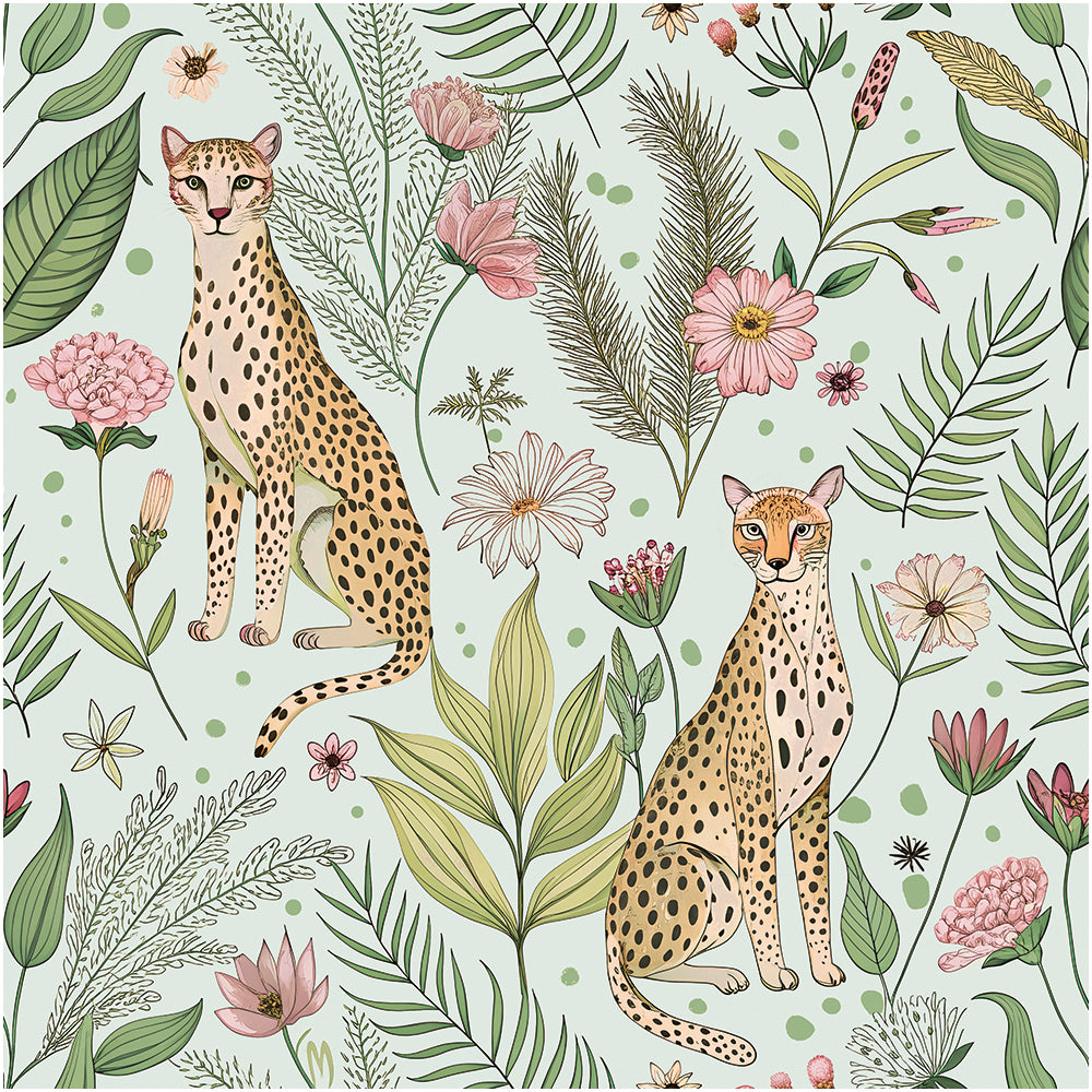 HaokHome HaokHome Peel and Stick Jungle Cheetah Wallpaper – Tropical Floral Removable Wall Mural with Green Background for Kids Room, Nursery, or Accent Walls