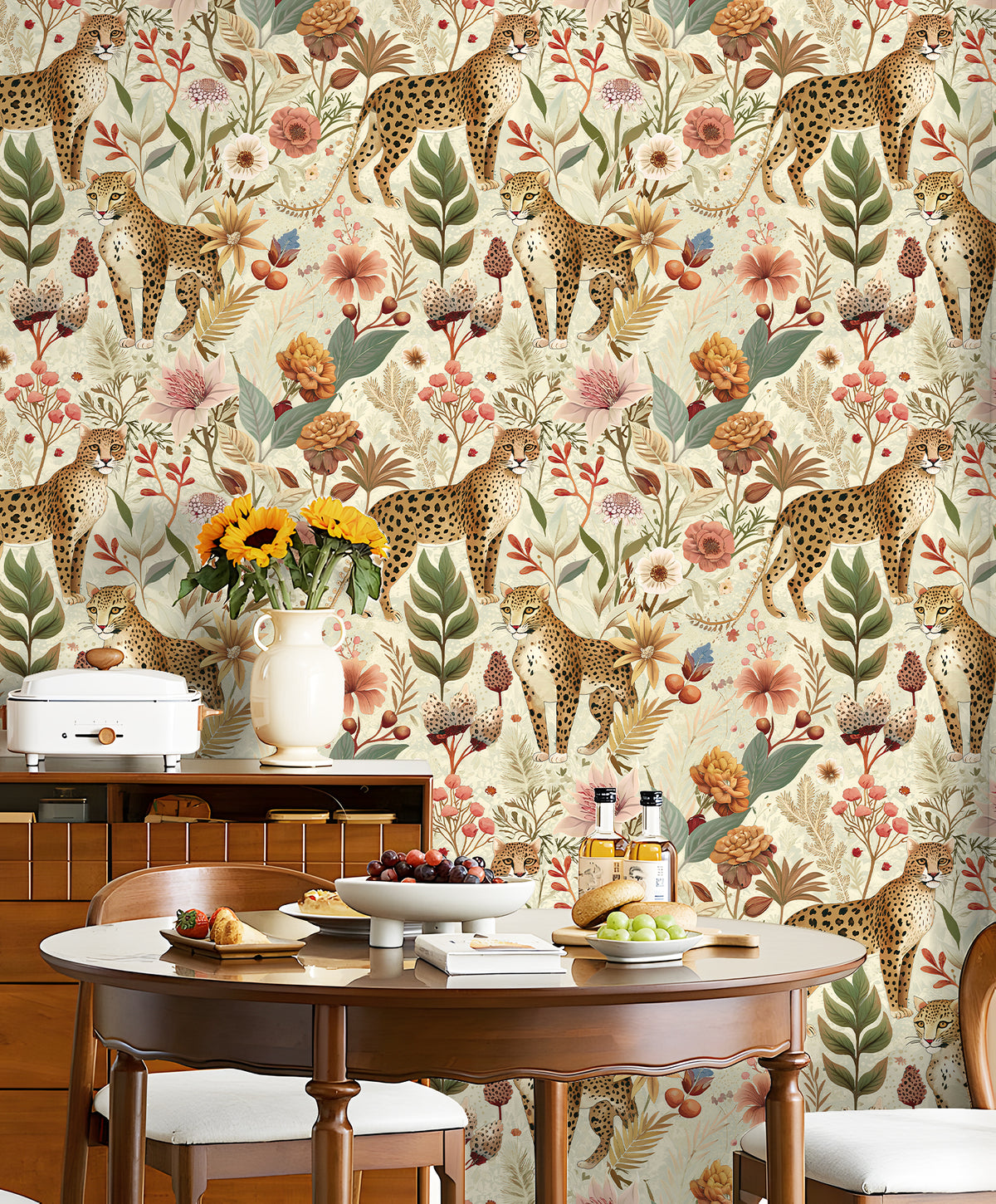 HaokHome Leopard Floral Wallpaper Featured in Bright Dining Room Interior
