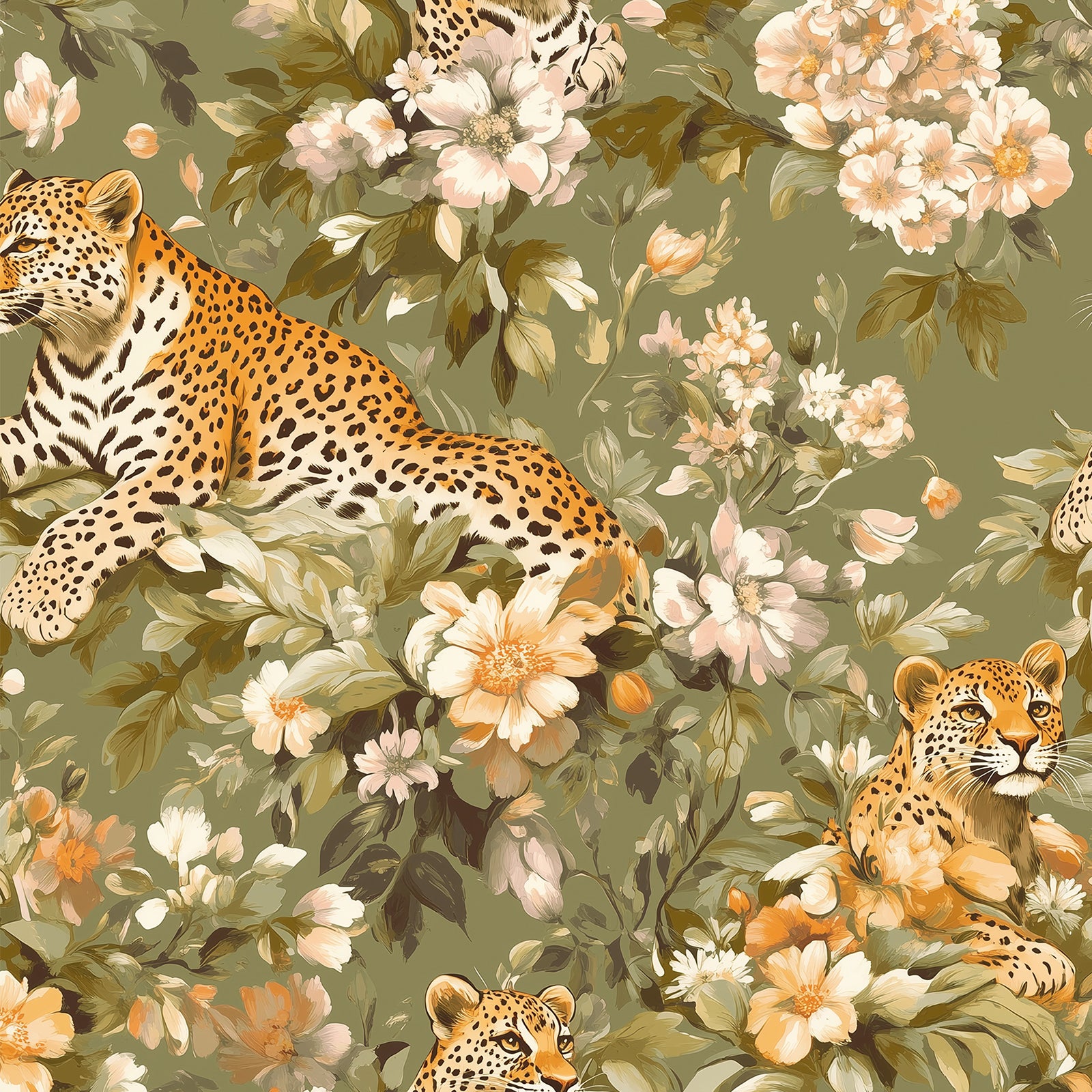 HaokHome Leopard and Floral Wallpaper Elegant Beige and Peach Design with Wild Cats and Flowers
