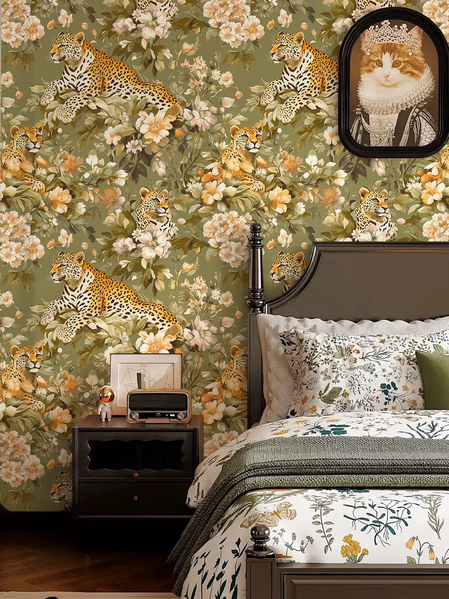 HaokHome Leopard and Floral Wallpaper Elegant Beige and Peach Design with Wild Cats and Flowers
