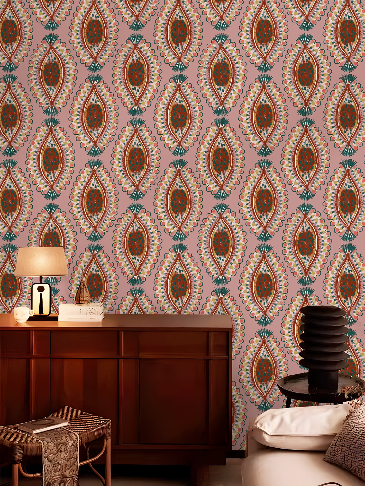 HaokHome Modern Tribal Wallpaper – Earthy Mustard with Artistic Botanical Pattern