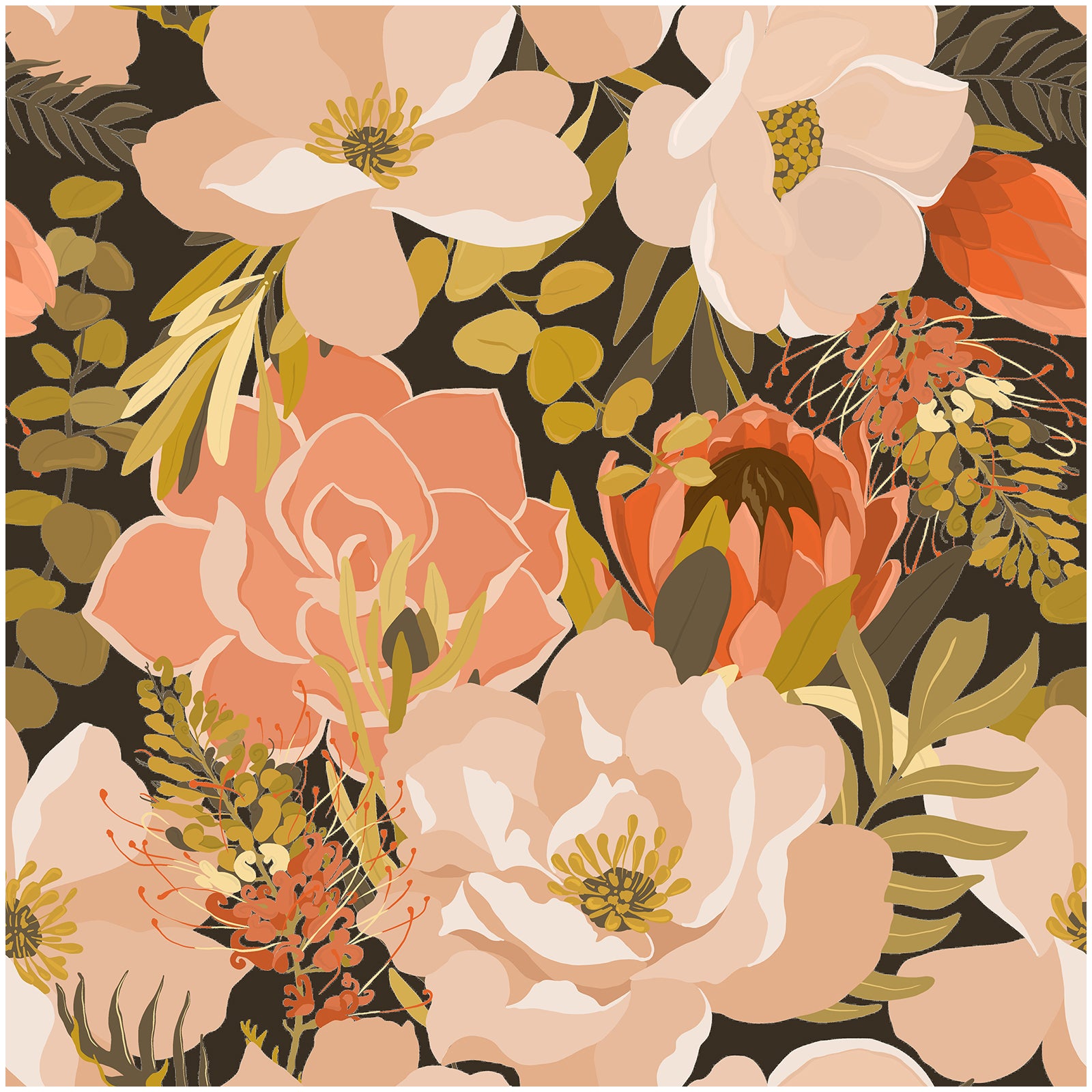 HaokHome Moody Dark Floral Peel and Stick Wallpaper, Blush Pink & Coral Protea Removable Wallpaper for Accent Wall