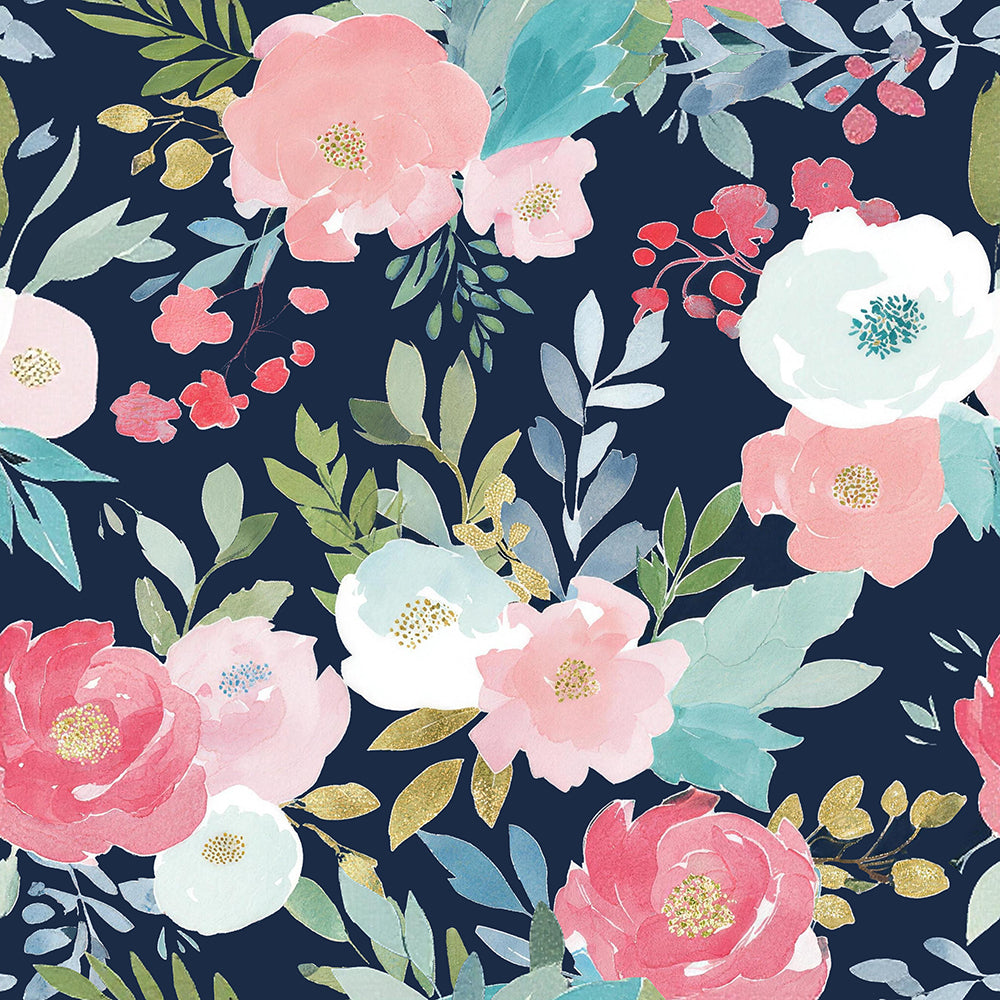 HaokHome Navy Blush Floral Peel and Stick Wallpaper, Gold Accent Watercolor Flower Removable Wallpaper