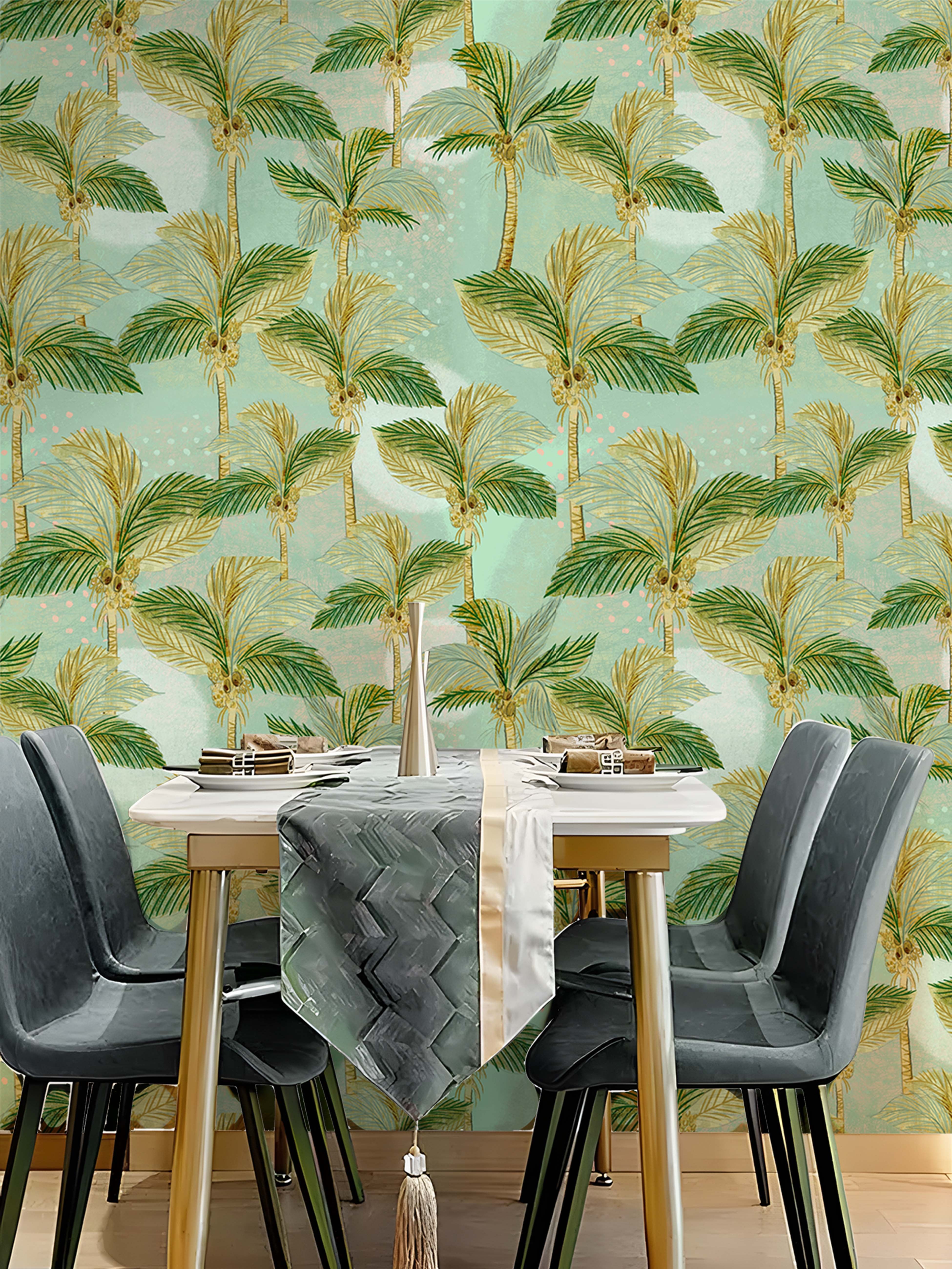 HaokHome Palm Tree Wallpaper – Tropical Green Palm Leaves on Soft Blue Background for Living Room & Bedroom