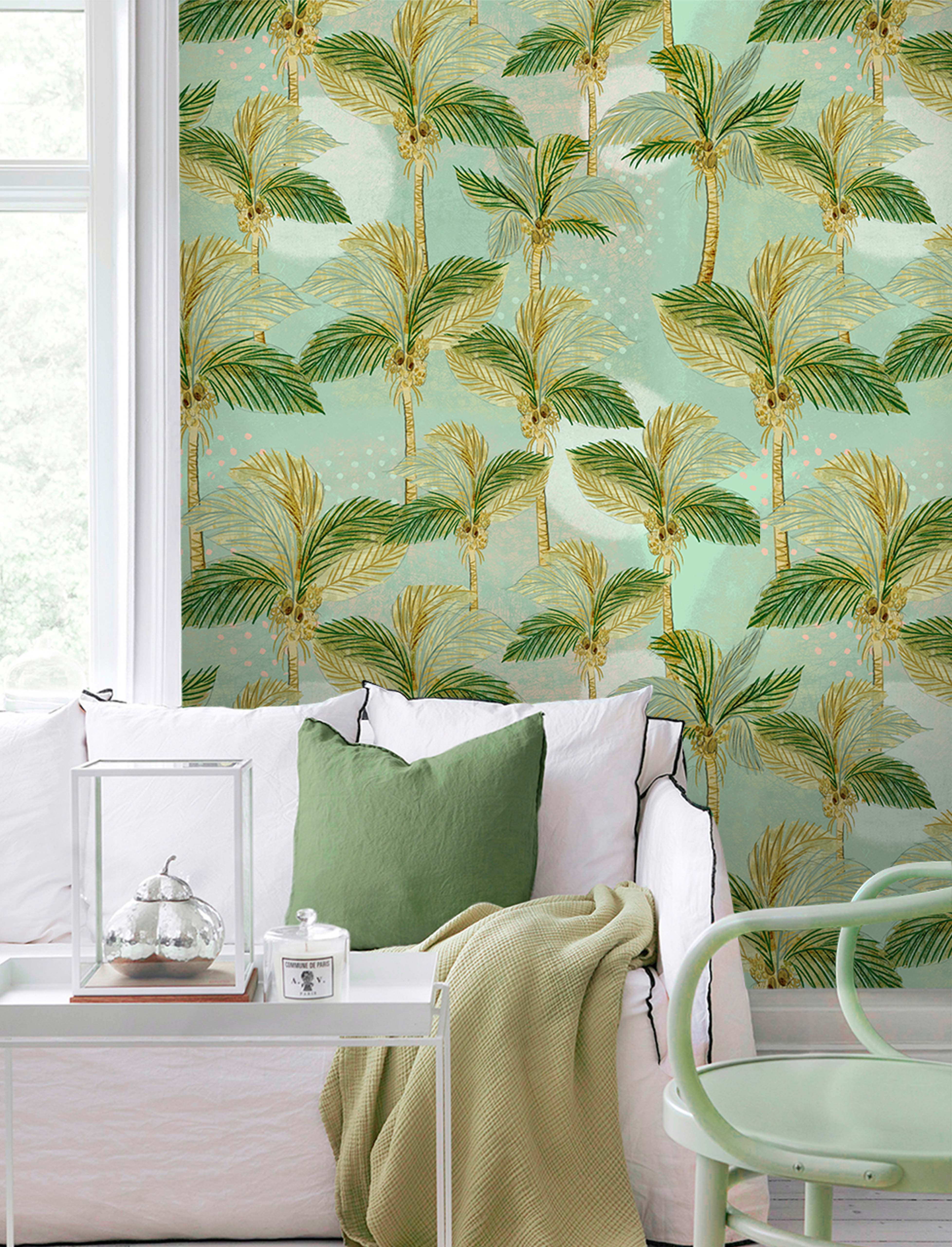 HaokHome Palm Tree Wallpaper – Tropical Green Palm Leaves on Soft Blue Background for Living Room & Bedroom