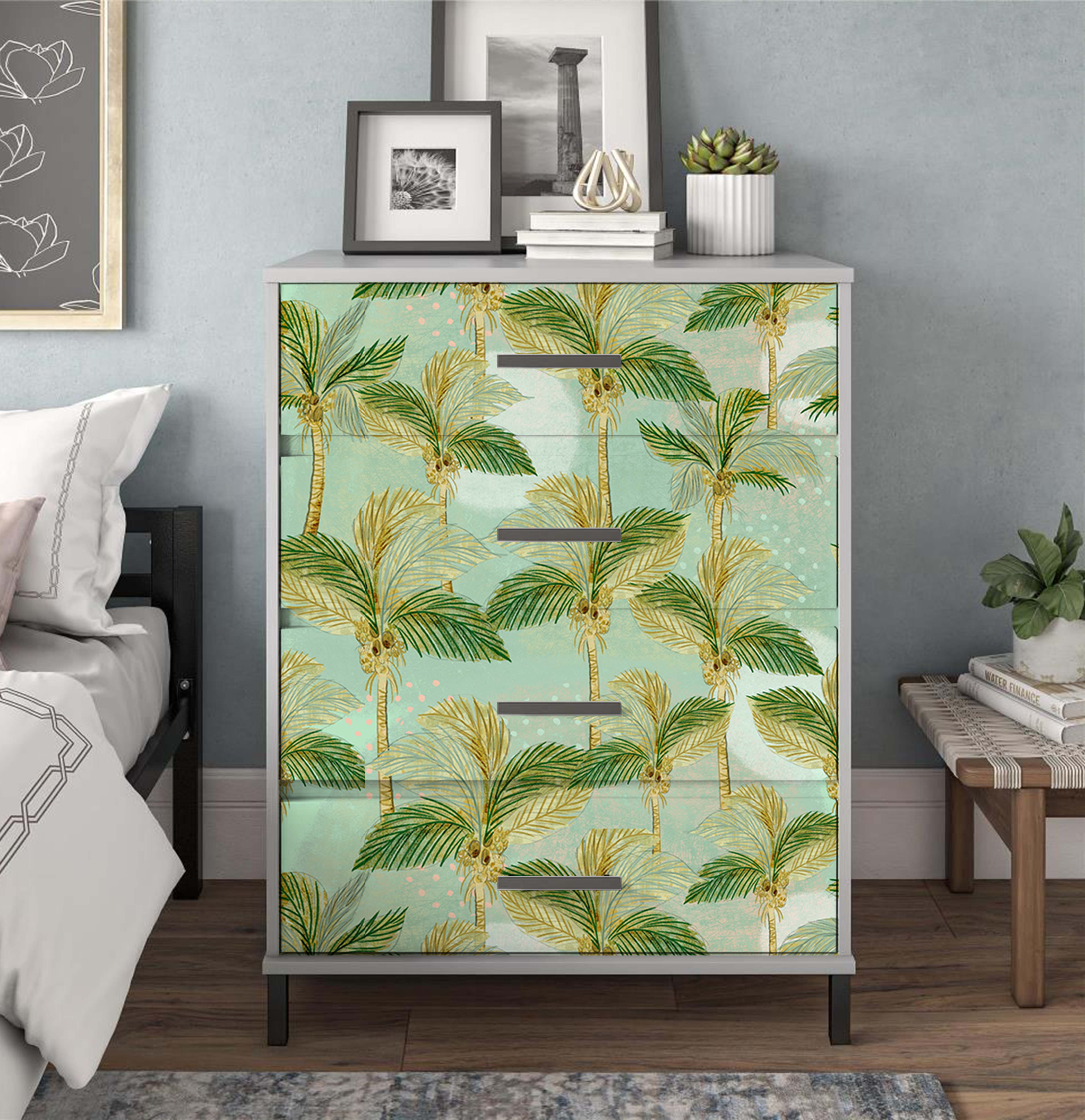 HaokHome Palm Tree Wallpaper – Tropical Green Palm Leaves on Soft Blue Background for Living Room & Bedroom