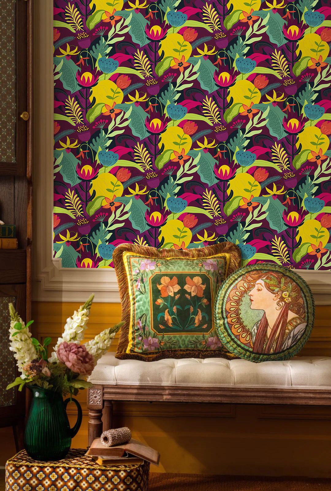 HaokHome Peel and Stick Bold Tropical Floral Wallpaper Purple Red Jungle Leaves Removable Wall Mural Vibrant Colorful Botanical Decor for Living Room Bedroom