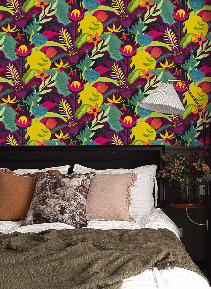 HaokHome Peel and Stick Bold Tropical Floral Wallpaper Purple Red Jungle Leaves Removable Wall Mural Vibrant Colorful Botanical Decor for Living Room Bedroom