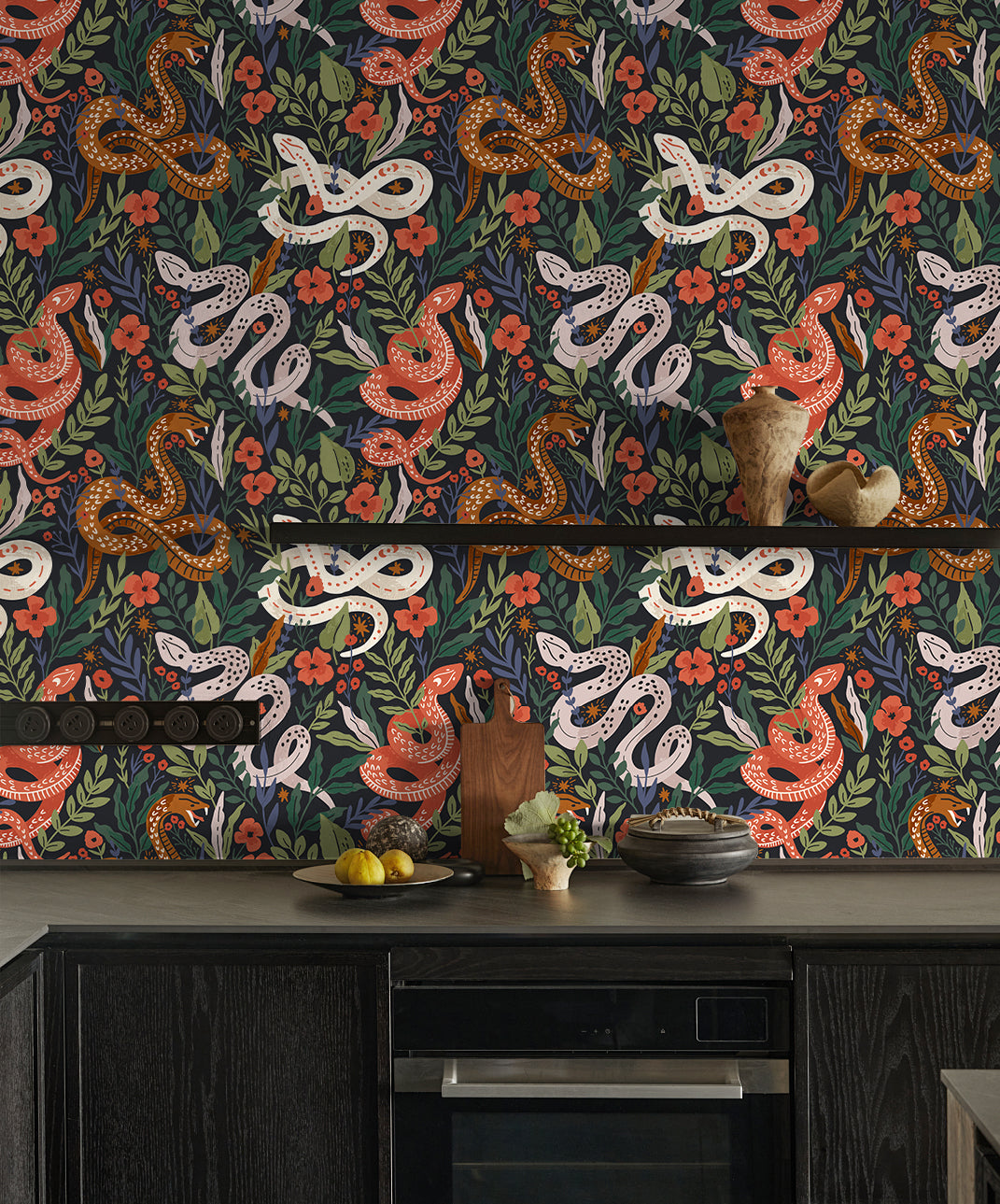 HaokHome Peel and Stick Botanical Snake Floral Wallpaper Black Green Red Wall Mural Removable Wall Decor for Bedroom Living Room