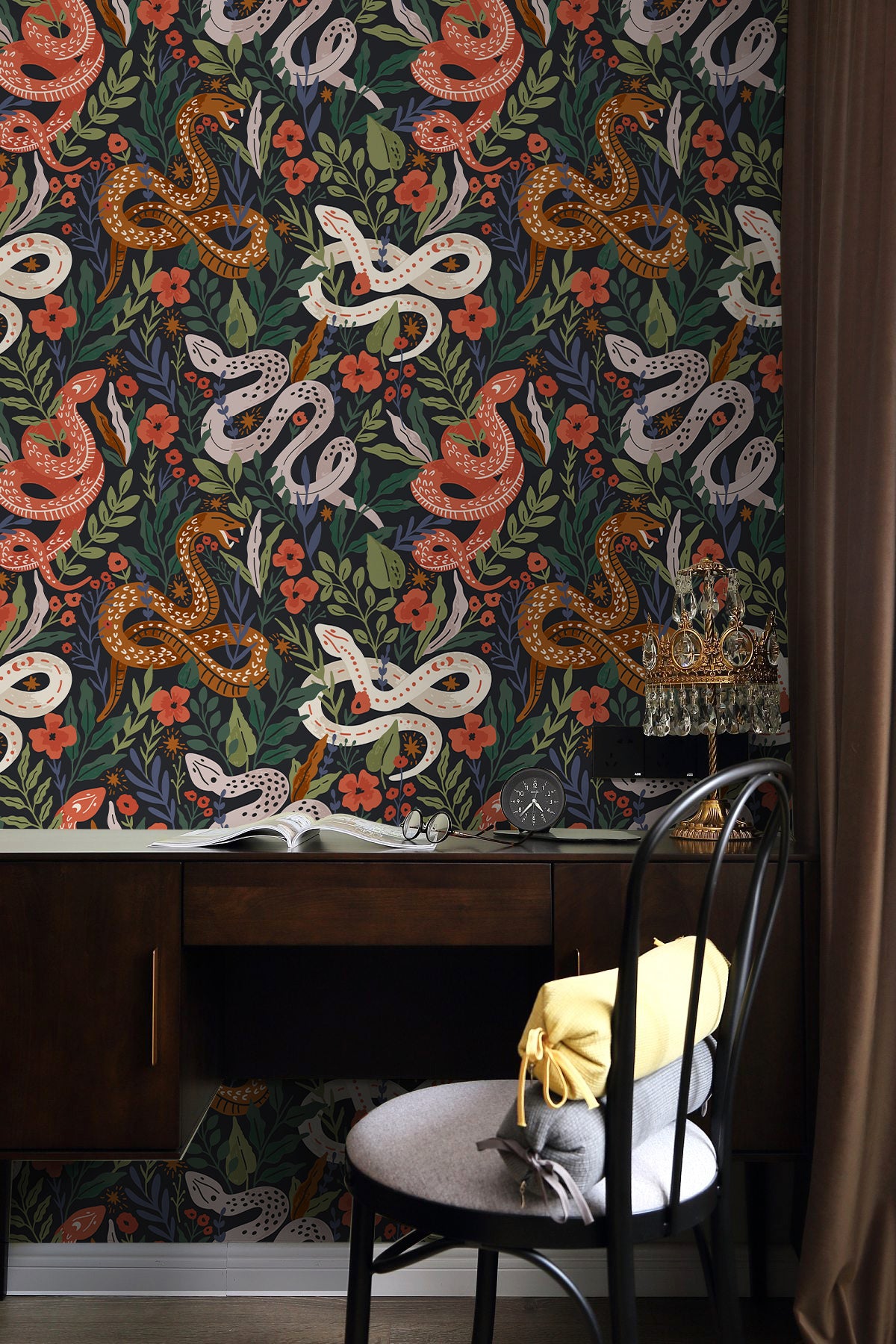 HaokHome Peel and Stick Botanical Snake Floral Wallpaper Black Green Red Wall Mural Removable Wall Decor for Bedroom Living Room