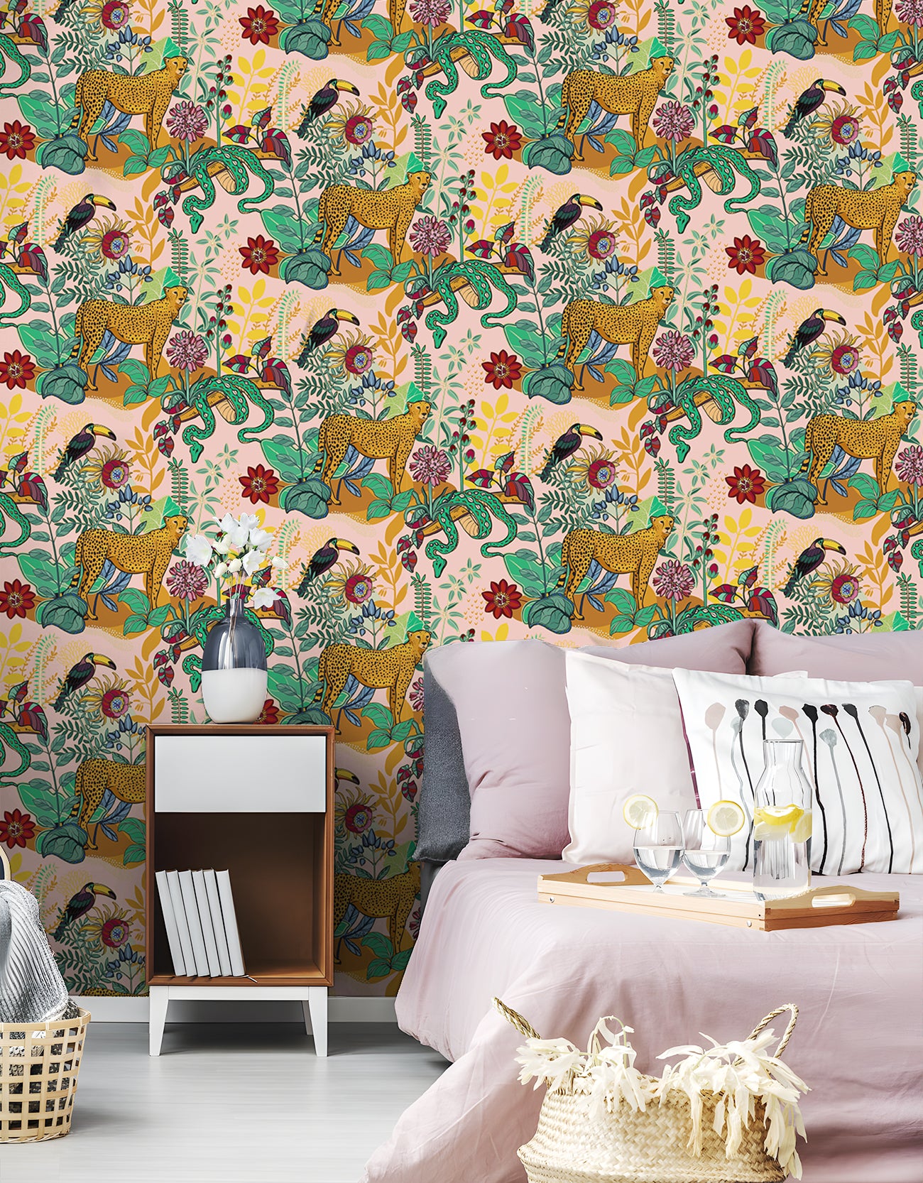 HaokHome Peel and Stick Jungle Safari Wallpaper Tropical Cheetah, Toucan & Snake Mural with Exotic Floral Pattern