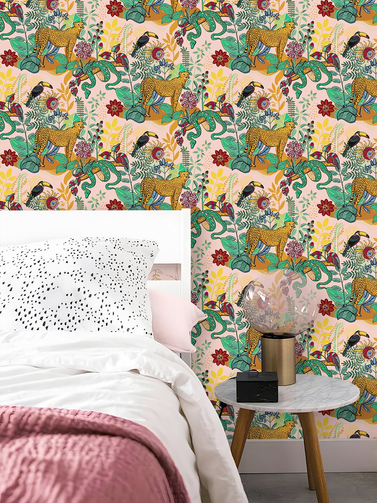 HaokHome Peel and Stick Jungle Safari Wallpaper Tropical Cheetah, Toucan & Snake Mural with Exotic Floral Pattern