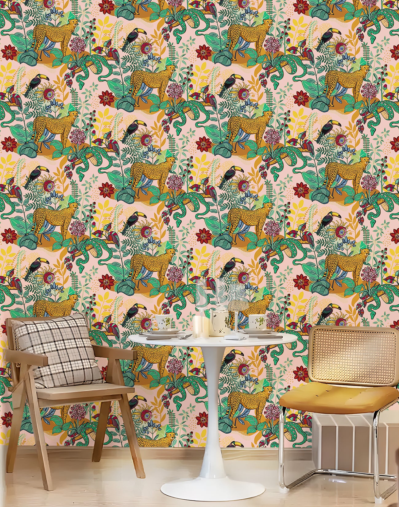 HaokHome Peel and Stick Jungle Safari Wallpaper Tropical Cheetah, Toucan & Snake Mural with Exotic Floral Pattern