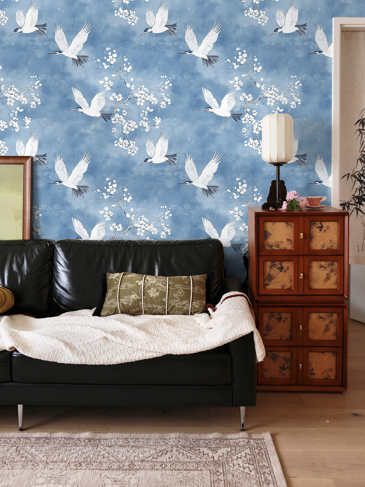 HaokHome Peel and Stick Oriental Crane Blossom Wallpaper Blue White Wall Mural Removable Wall Decor for Bedroom Living Room