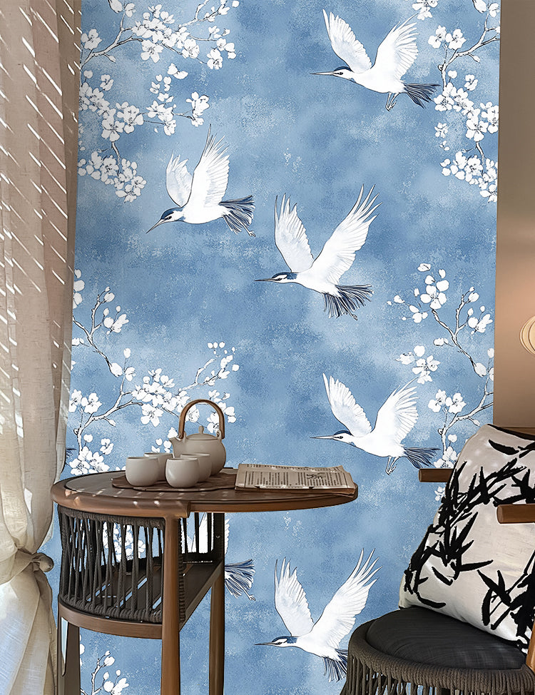HaokHome Peel and Stick Oriental Crane Blossom Wallpaper Blue White Wall Mural Removable Wall Decor for Bedroom Living Room