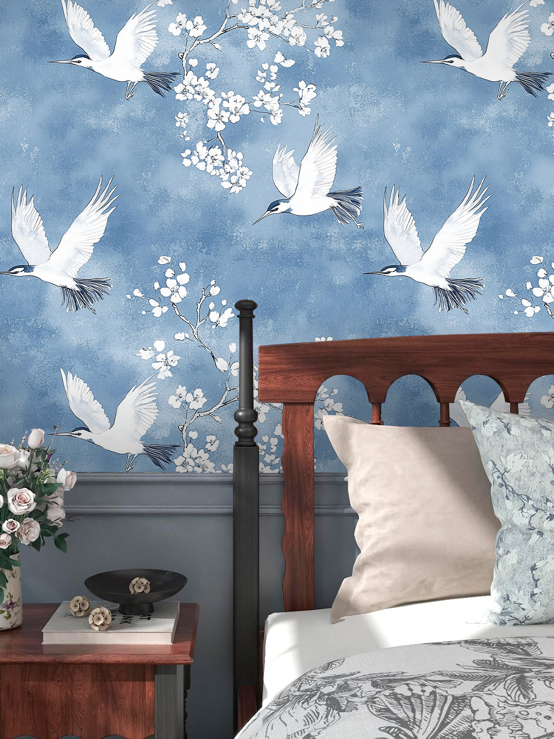 HaokHome Peel and Stick Oriental Crane Blossom Wallpaper Blue White Wall Mural Removable Wall Decor for Bedroom Living Room