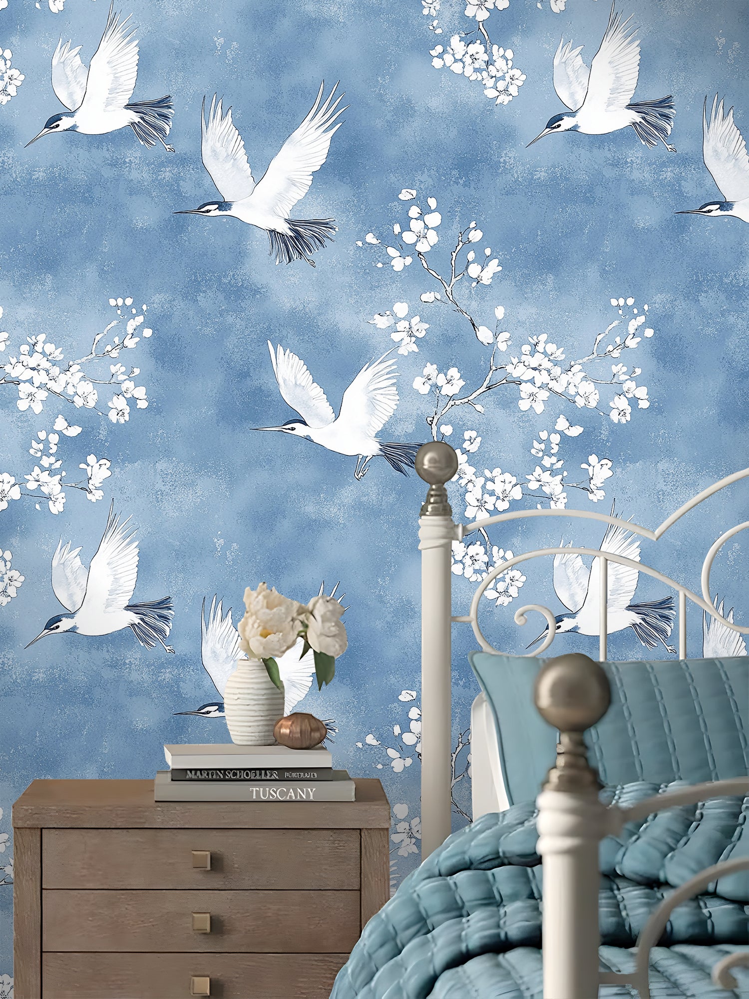 HaokHome Peel and Stick Oriental Crane Blossom Wallpaper Blue White Wall Mural Removable Wall Decor for Bedroom Living Room